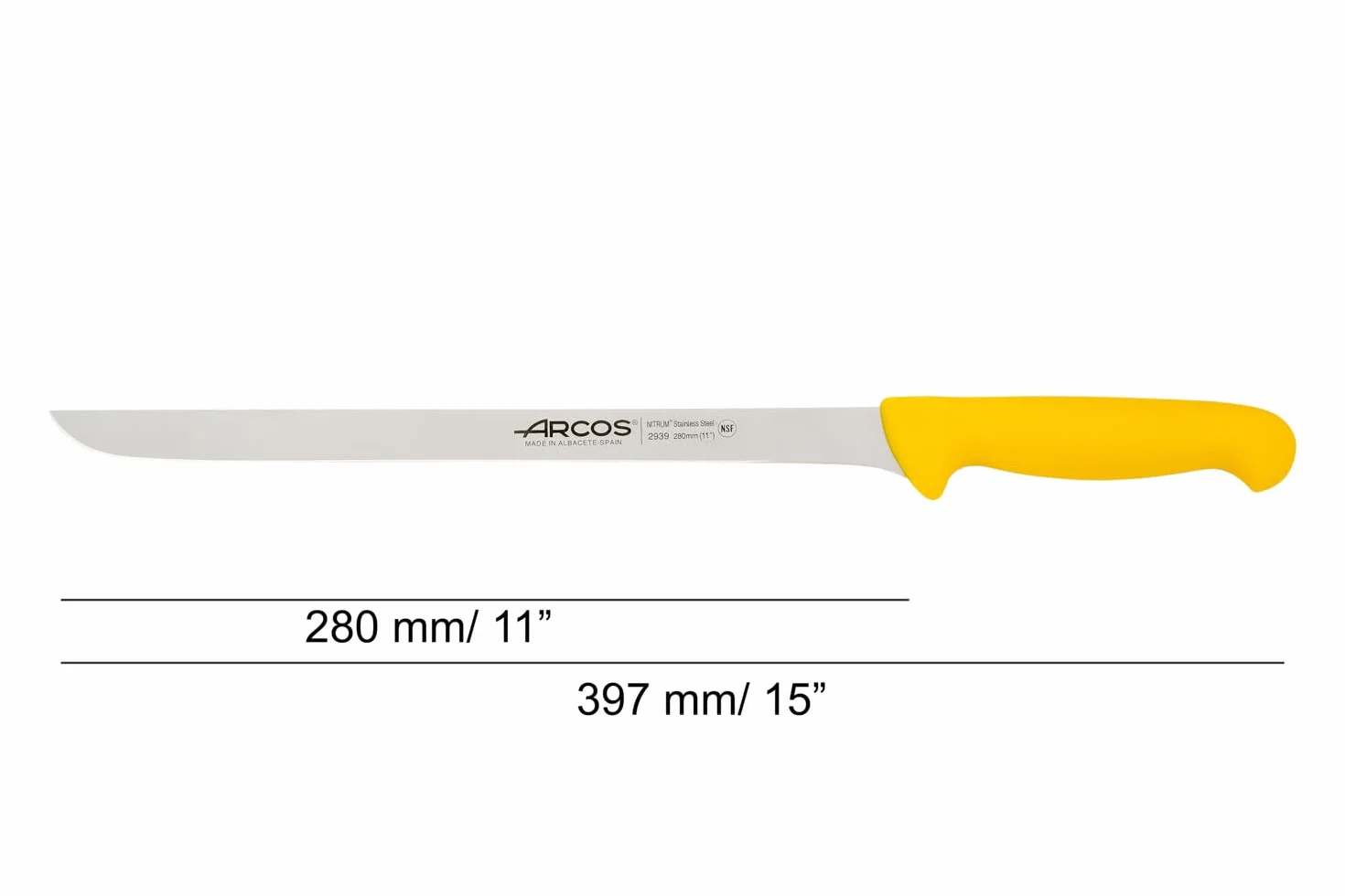 Arcos 293900 seria 2900 - szynka do krojenia nóż - ostrze nitrm 280 mm (11 cali) - uchwyt polipropylenowy żółty kolor, stal nierdzewna 18/8