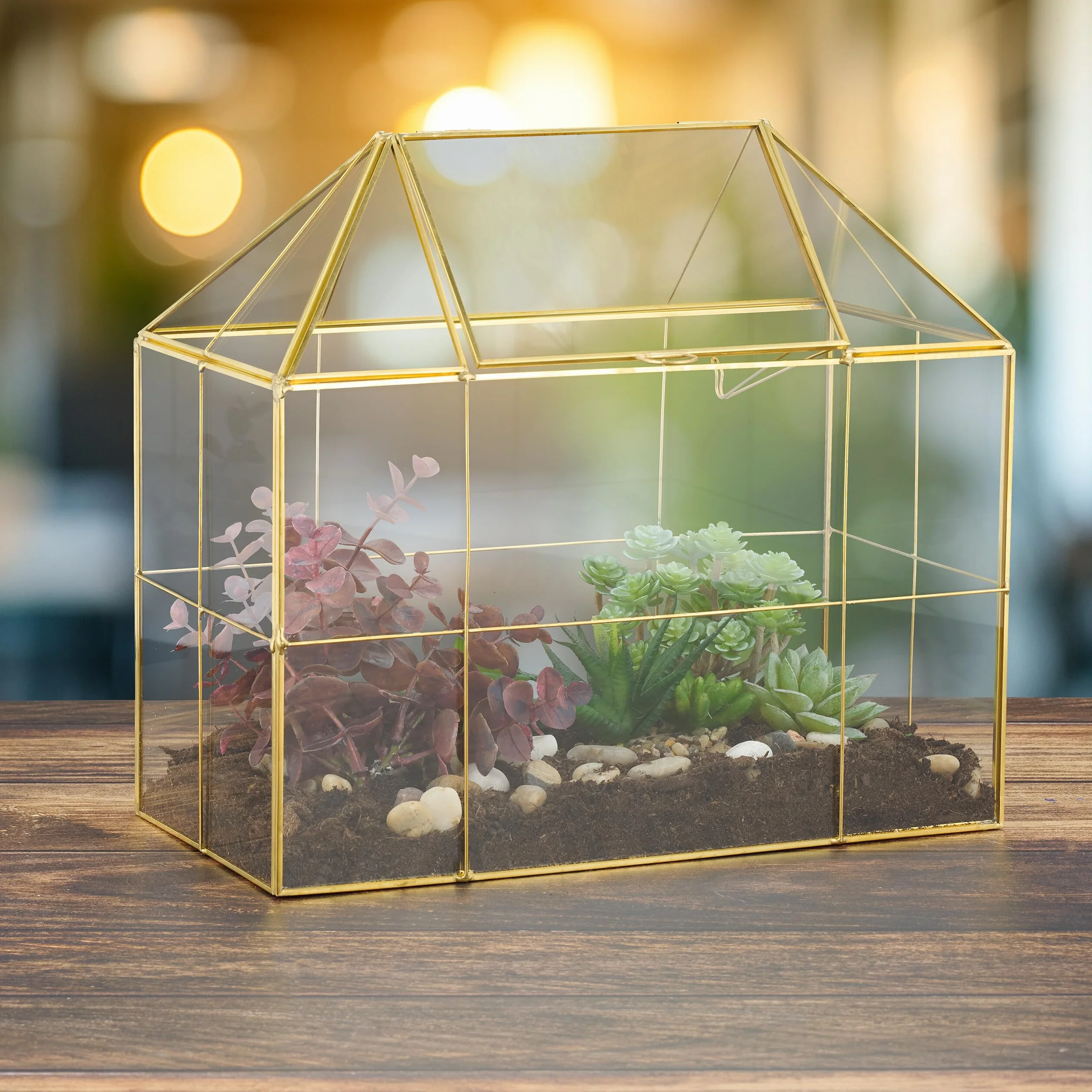 Relaxdays Terrarium roślinne, szkło i miedź, 27 x 30 x 15 cm, dekoracyjny szklany domek kaktusy i mech, szklana skrzynka na parapet, czarna