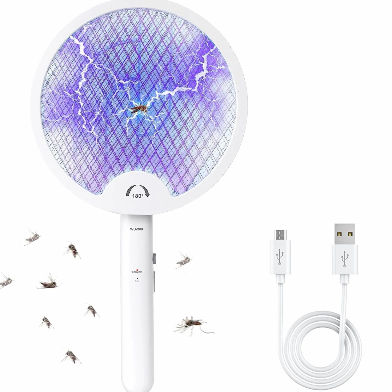 Flintronic Elektryczna rakieta na owady, ładowana przez USB 3000 V, składana elektryczna rakieta na komary z 3 warstwami, ochrona z siatki i lampka nocna LED, elektryczna mata na muchy 3 w 1