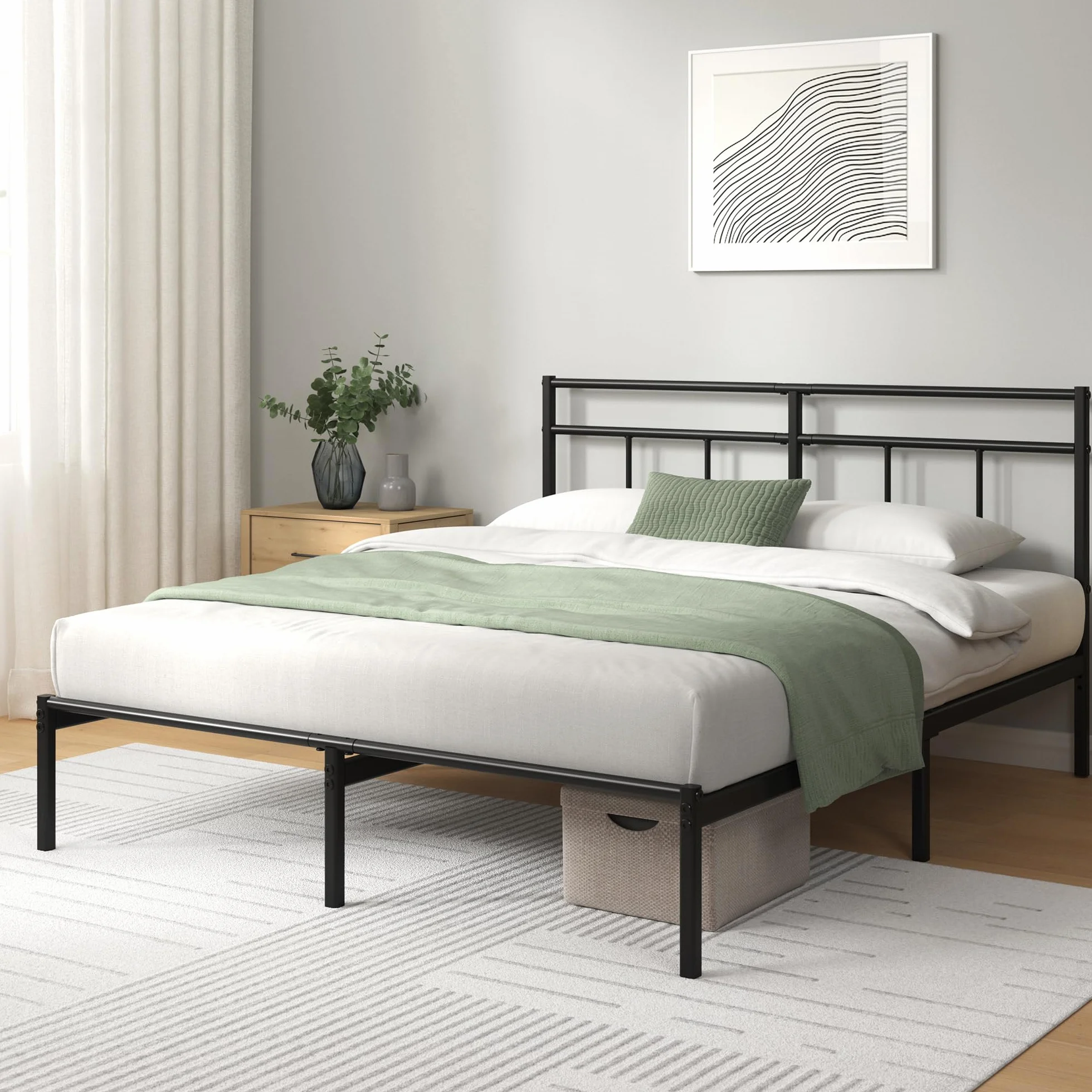 Zinus Elias Łóżko 200 x 140 cm – 30 cm wysokości – metalowa rama łóżka z zagłówkiem – metalowe łóżko ze stelażem – nie wymaga łóżka kontynentalnego, wolna przestrzeń pod łóżkiem, nowoczesne