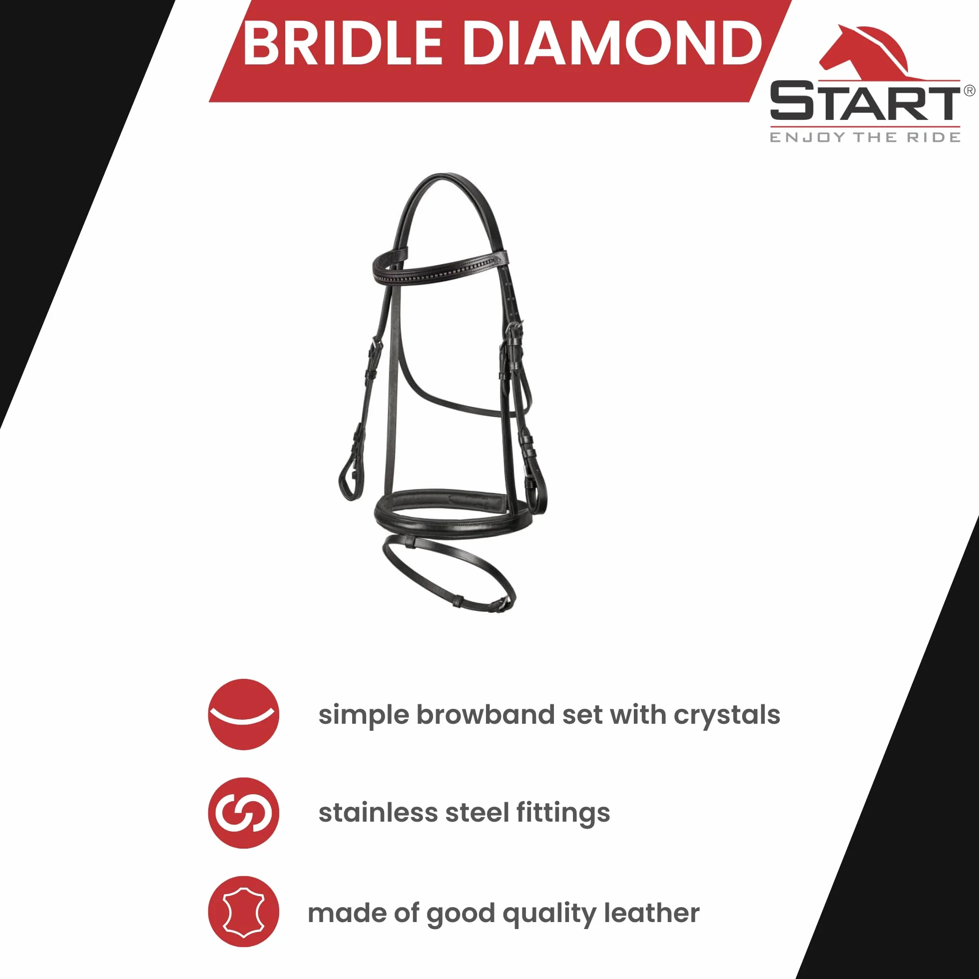 Skórzane Ogłowie dla Konia i Kuca START Diamond z Kryształkami Czarny FULL