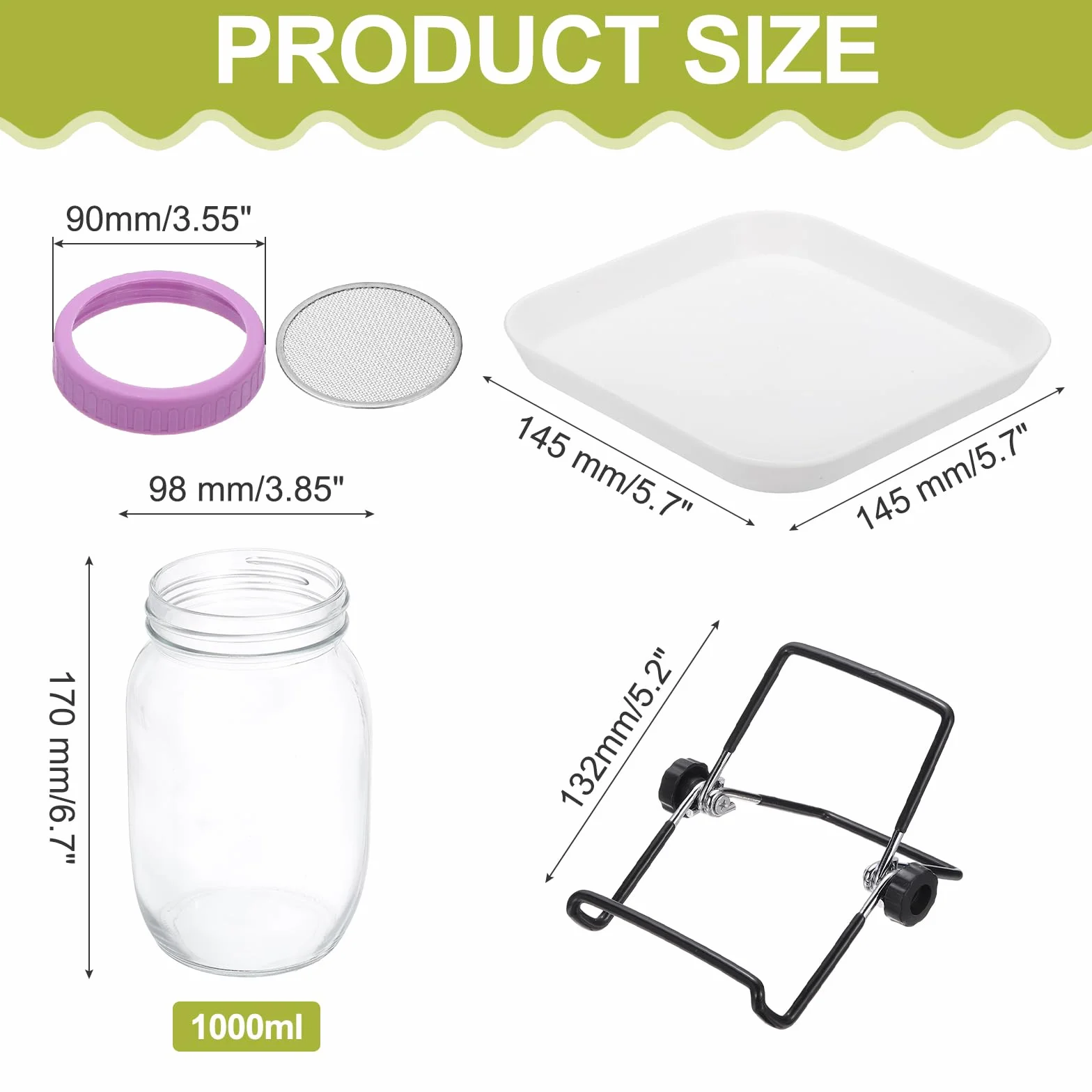 QUARKZMAN Zestaw słoików do kiełków – 1 sztuka 1000 ml słoik na kiełki, wraz z uchwytem, etui, tacą, szczotką – do kiełków, rzeżuchy i mikrozielonych – fioletowy