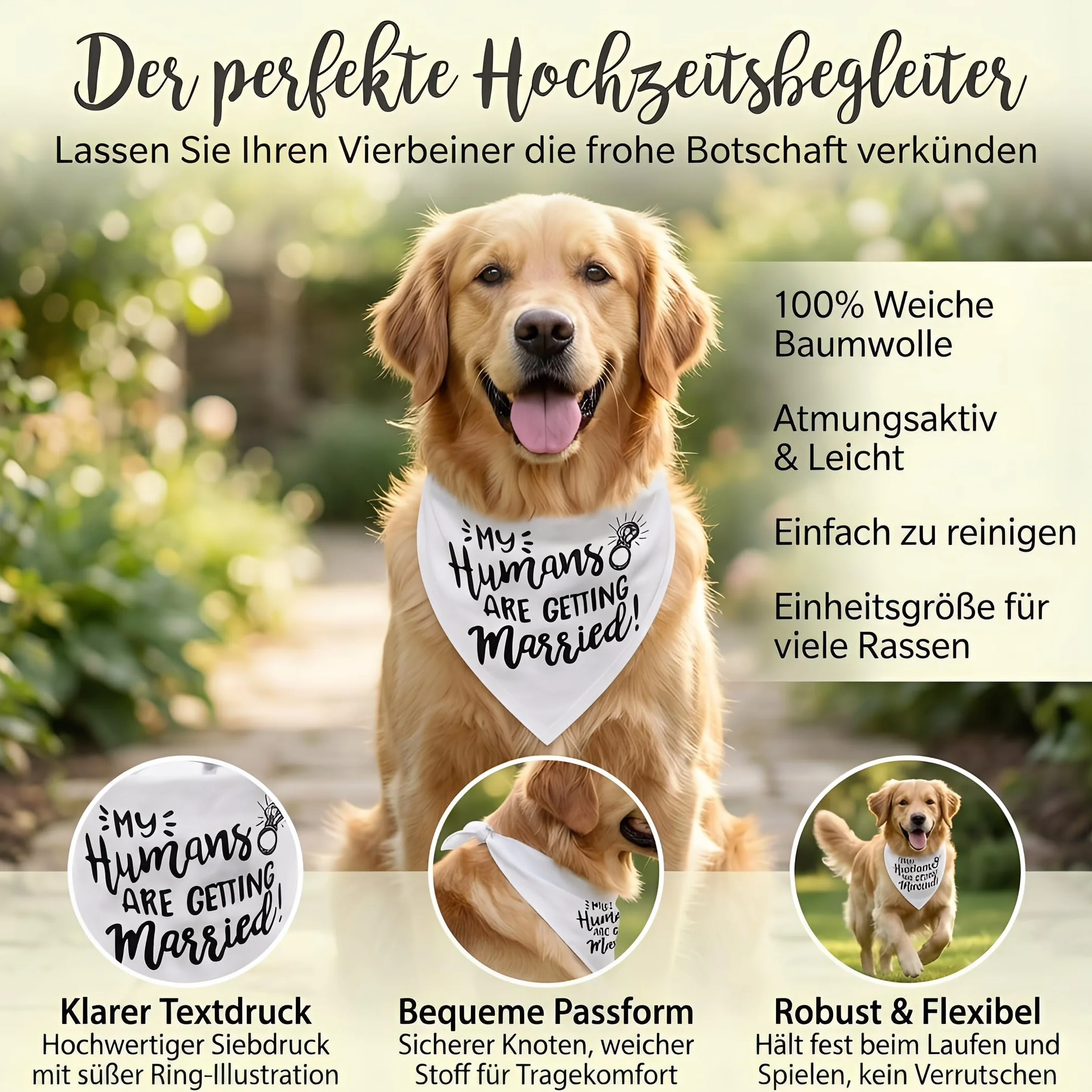 Bandana dla psów, na wesele, biała – "My Humans Are Getting Married" chusta na szyję dla małych, średnich i dużych psów, regulowana, oddychająca, dodatek ślubny i sesji zdjęciowej