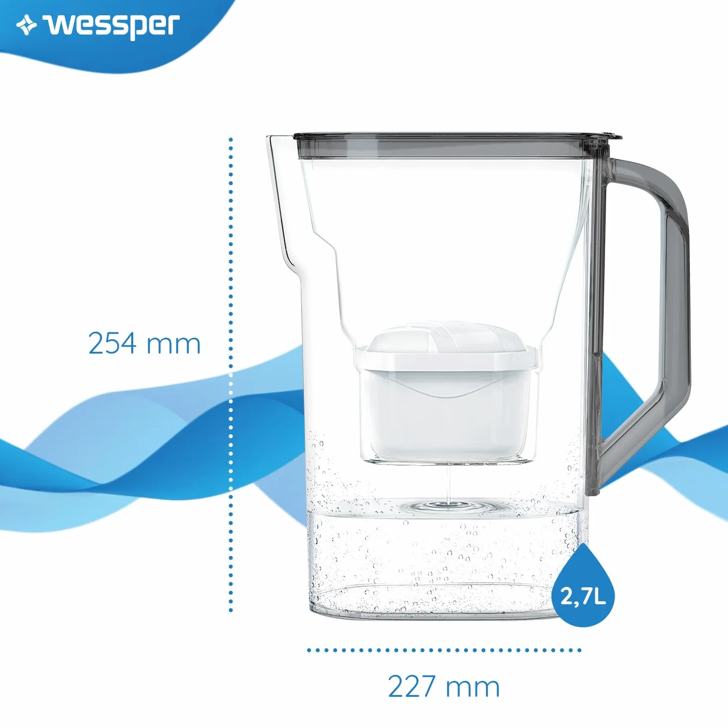 Wessper Dzbanek Filtrujący 2.7L | Zamiennik dla filtra Dafi Unimax Aquaphor A5 BRITA Maxtra+ PHILIPS AWP212/10 | Filtr do Wody Redukujący Kamień i Chlor | Dzbanek Filtrujący + 1x Wkład – Czarny