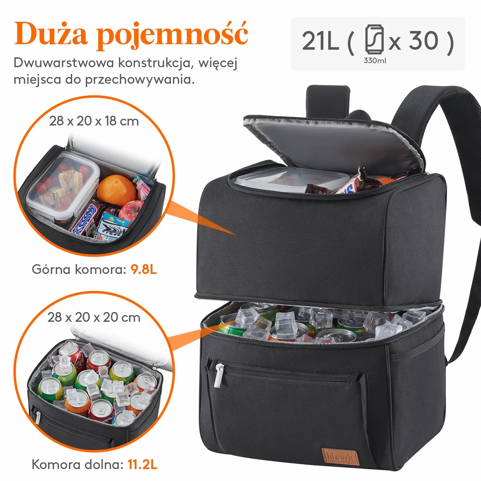 Lifewit 21l 30-puszek Izolowana Torba Chłodząca Plecak Termiczny Torba Na Lunch, Torba Szczelna Podwójna Plecak chłodzący Na Żywność Dla Mężczyzn Kobiet Matek Na Lunch/piknik/zakupy/podróż,Czarny