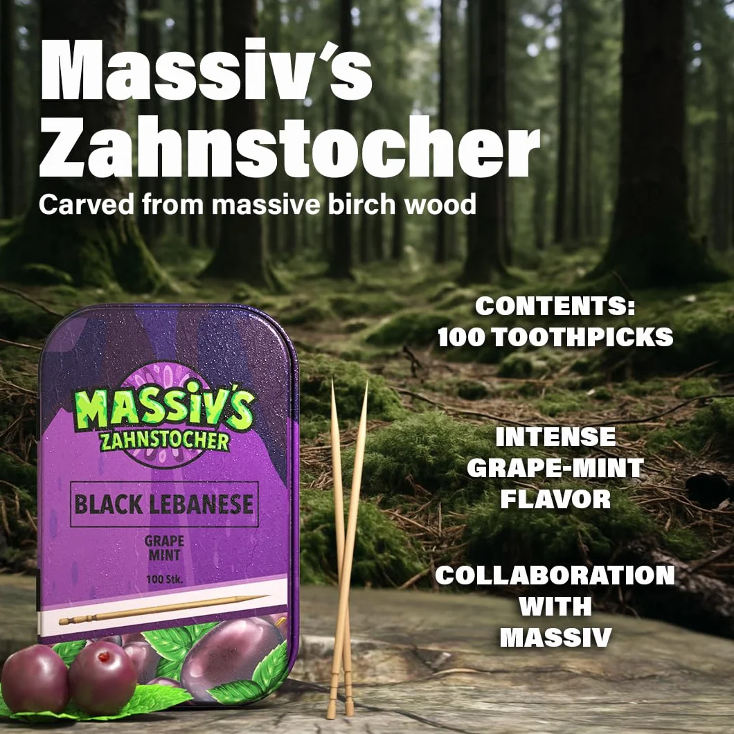 Massiv’s Toothpicks – Smakowe wykałaczki – BLACK LEBANESE Grape Mint – 100 smakowych wykałaczek – Świeży oddech – Stylowa metalowa puszka – Wegańskie, bez cukru, bez kalorii