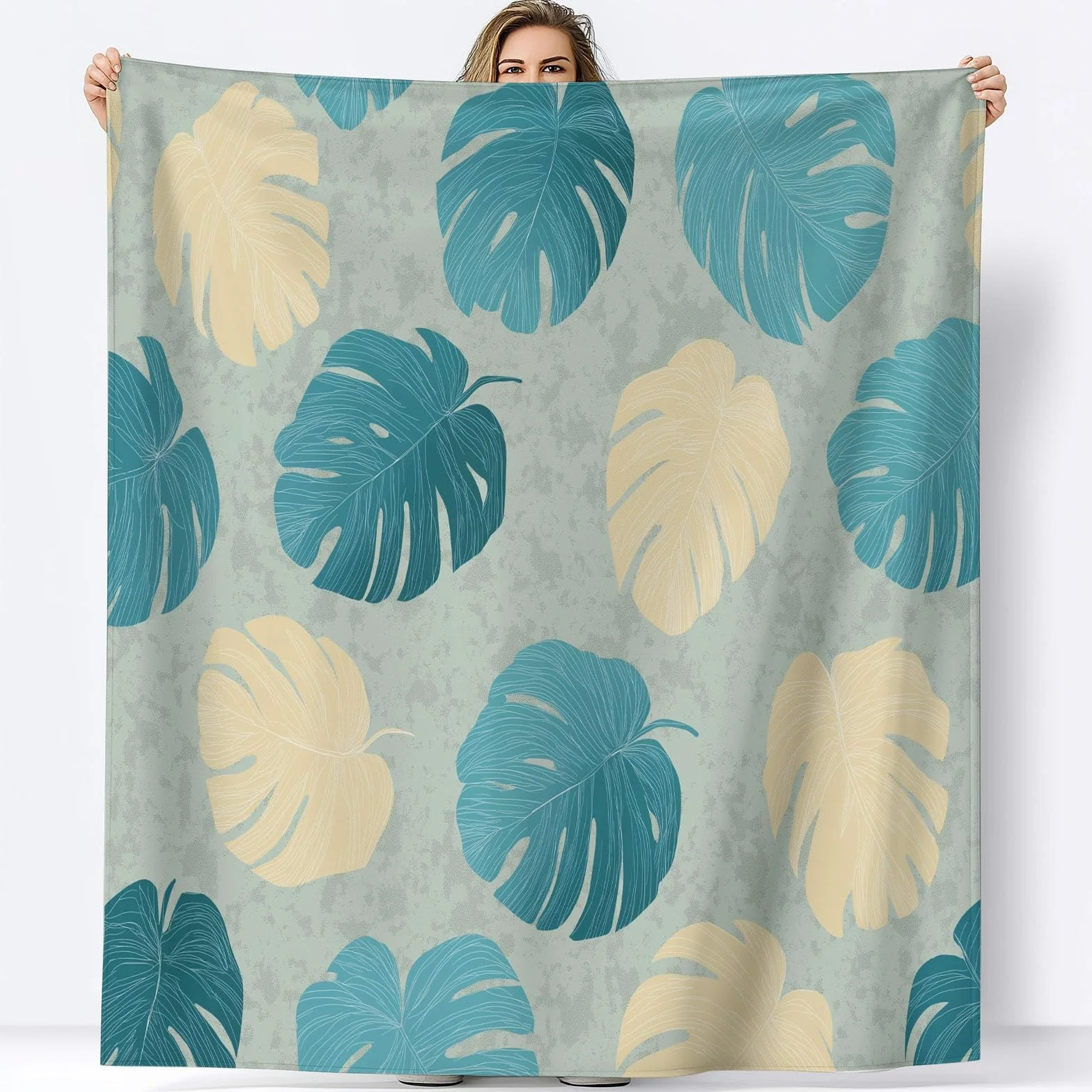 Vintage Monstera Flanelowy Koc Polarowy Liść Tekstura Krata, Narzuta na sofę Wygodny Dwuosobowy Koc na łóżko Zimowy pled 220 x 240 cm Kremowy