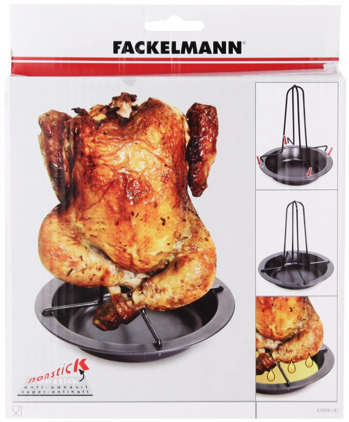 Fackelmann Stojak Do Pieczenia Kurczaka Z Podstawką, 17,5 x 19 x 17,5 cm, Czarny, 42609