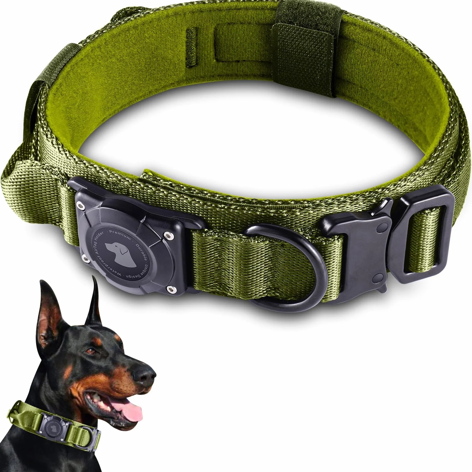 Taktyczna obroża dla psa Airtag wodoszczelna regulowana metalowa klamra XL 40-61 cm zielona