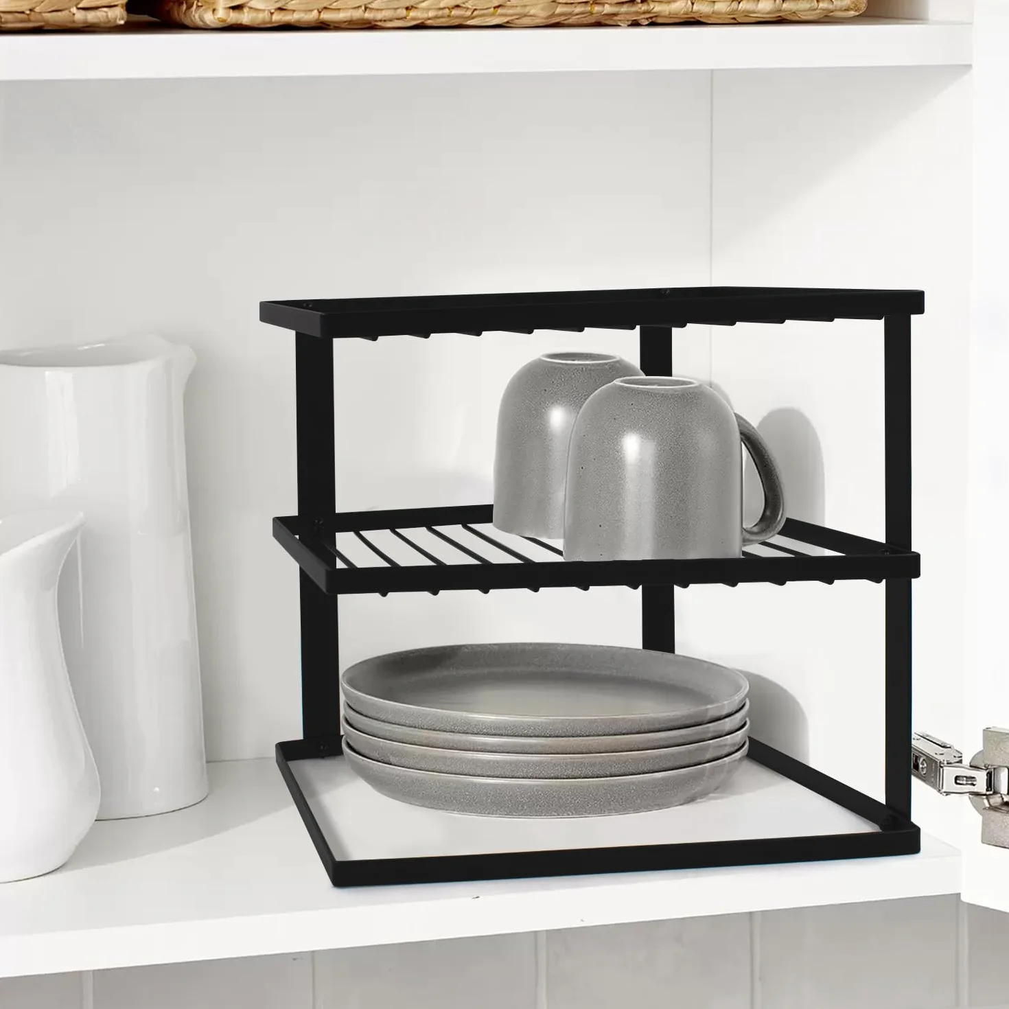 Joeji's Kitchen Nie chybotliwy stojak na talerze do przechowywania w szafce kuchennej Narożny stojak na talerze Szafka z półką Organizer 25x25x19cm - czarny