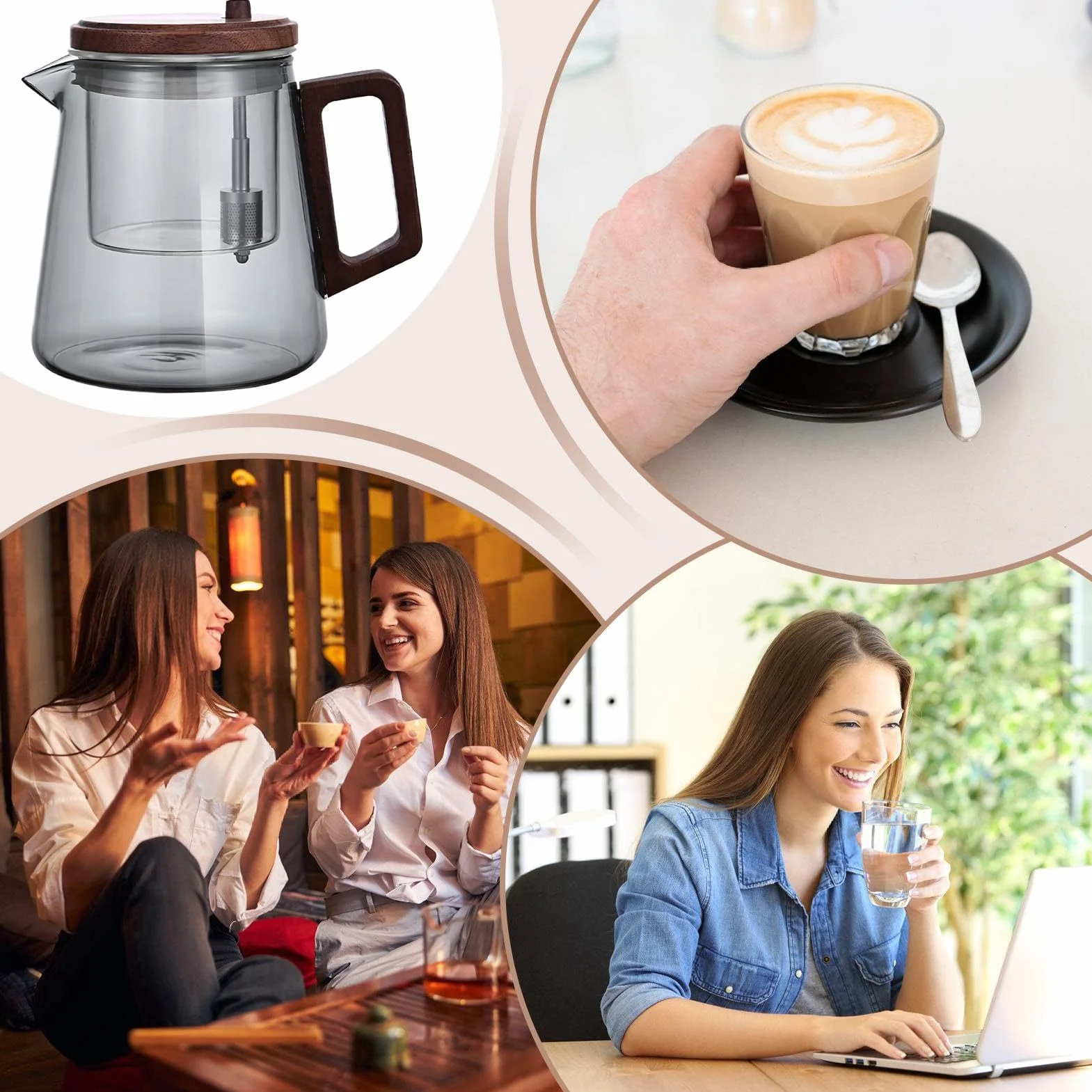 Szklany dzbanek do herbaty z filtrem, przezroczysty dzbanek do herbaty, drewniany uchwyt, szklany dzbanek do herbaty z sitkiem, ergonomiczny, wygodny, odporny wysokie temperatury, do salonu