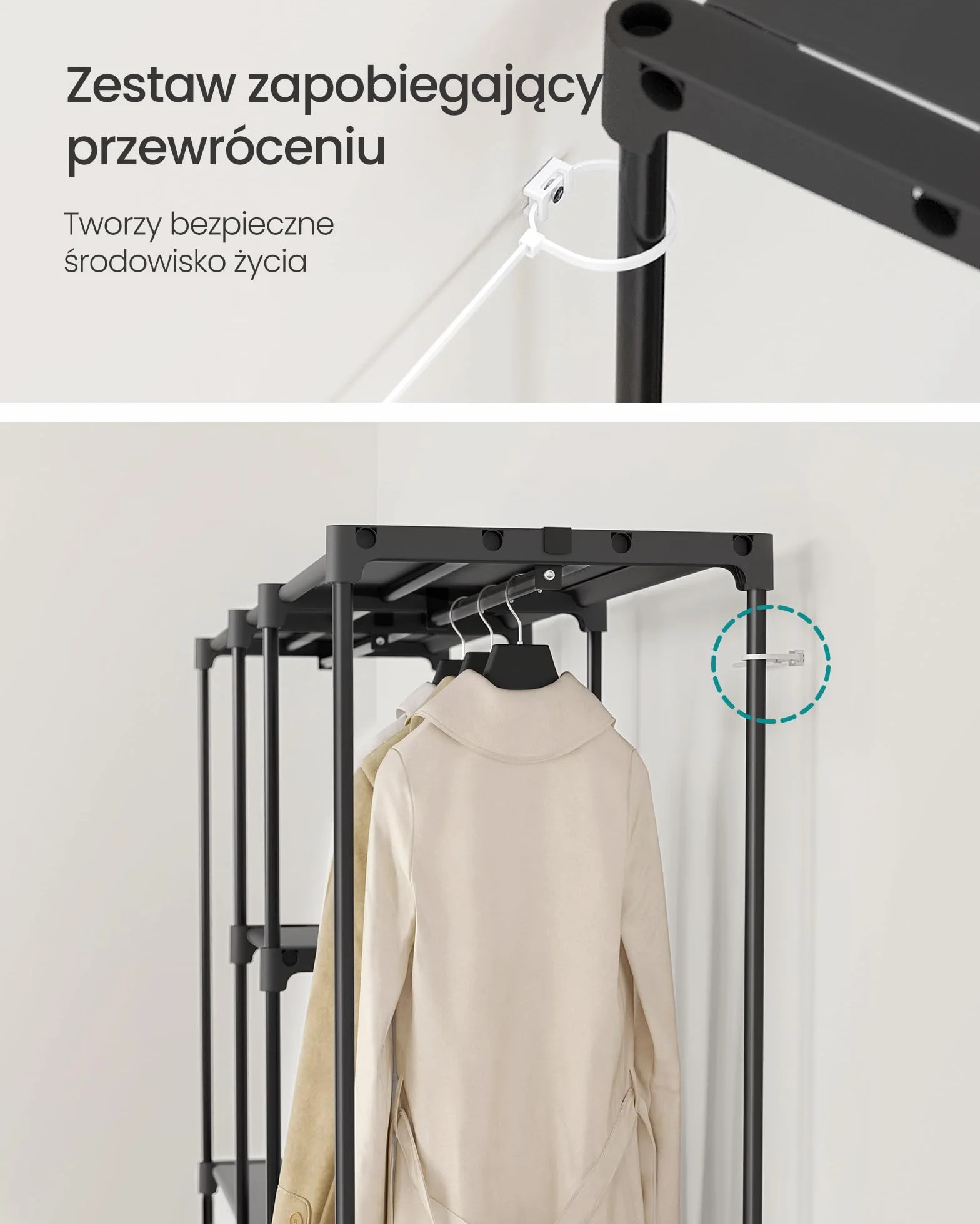 SONGMICS Szafa na ubrania, przenośna szafa, otwarta szafa do przechowywania, wieszak na ubrania, 182 x 43 x 182 cm, 2 wiszące pręty i półki, do sypialni, salonu, pralni, czarny atrament RYG037B02