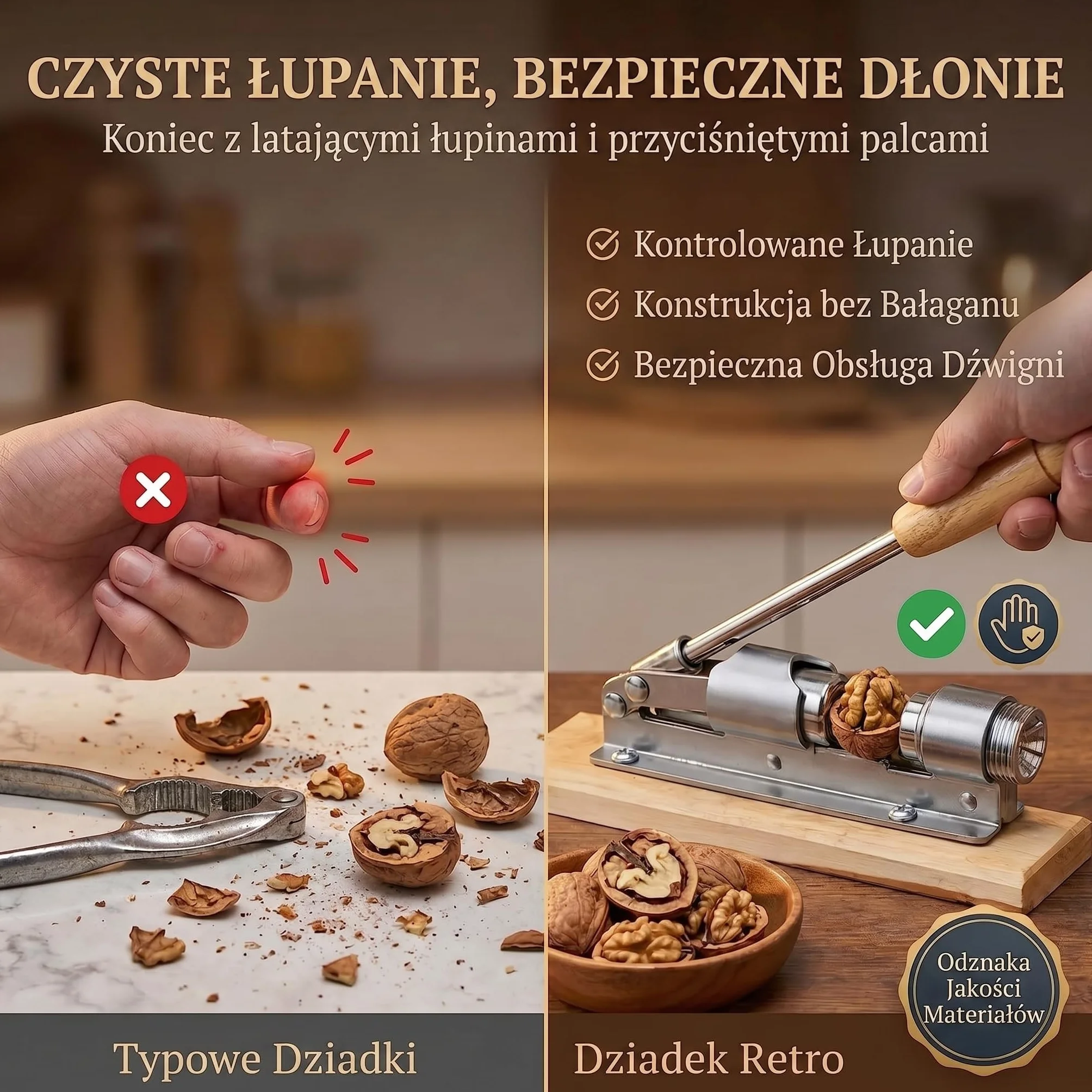 Dziadek do orzechów Retro ze stali nierdzewnej z dźwignią, regulacją wielkości