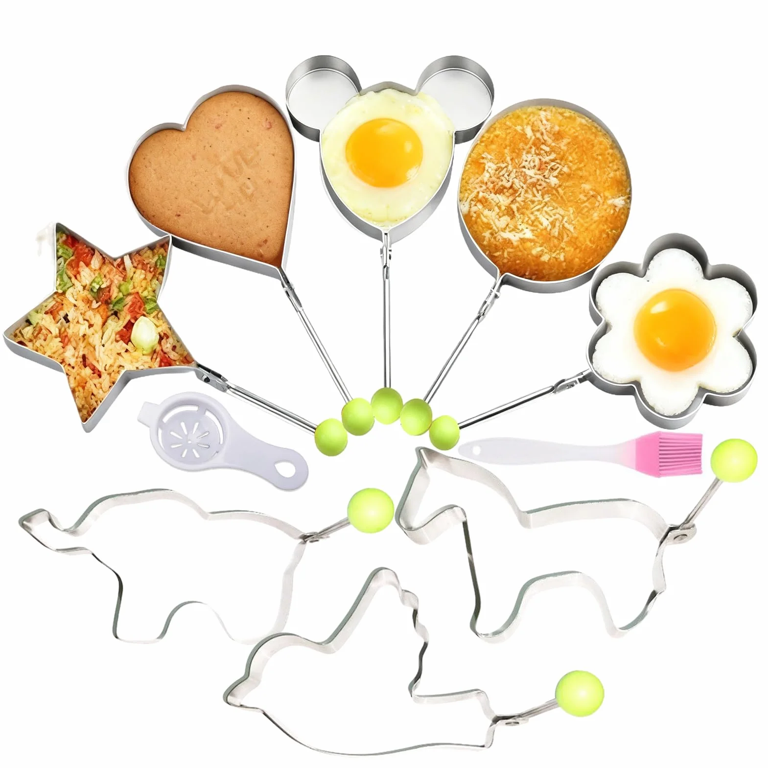 Forma do gotowania jajek, 8 kształtów, nieprzylepna, ze szczotką, ze stali nierdzewnej, narzędzie kuchenne do śniadania, hamburgera, sałatki, kanapek, naleśników