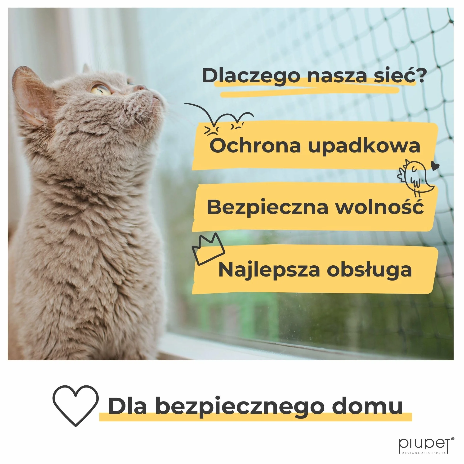 PiuPet® Siatka dla kota wzmocniona drutem 4 x 3 m, na balkon i okno, w zestawie zestaw do mocowania, siatka balkonowa dla kotów, czarna