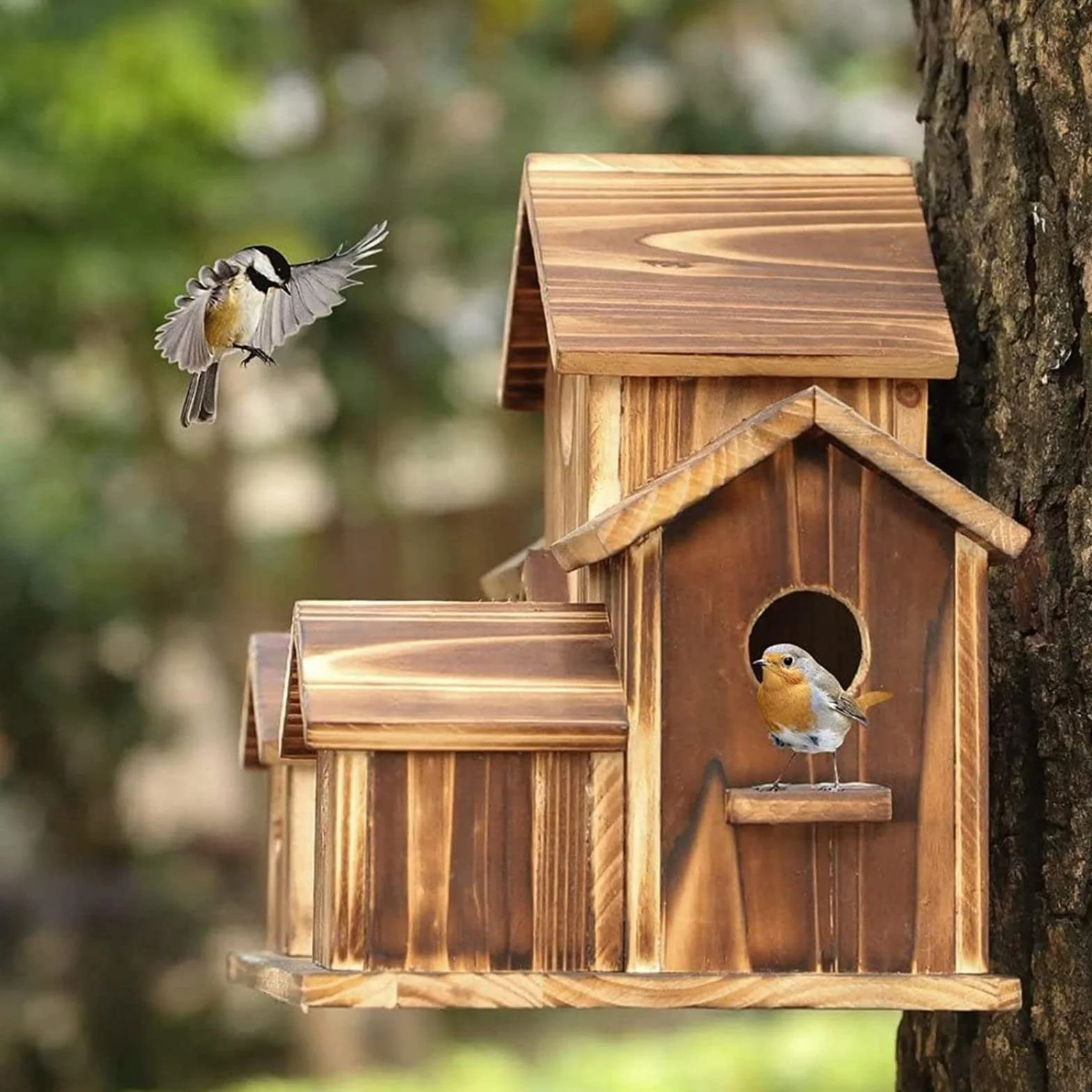 6-otworowy ręcznie wykonany naturalny drewniany domek dla ptaków na zewnątrz, gniazdo papug, domki dla ptaków, brązowy