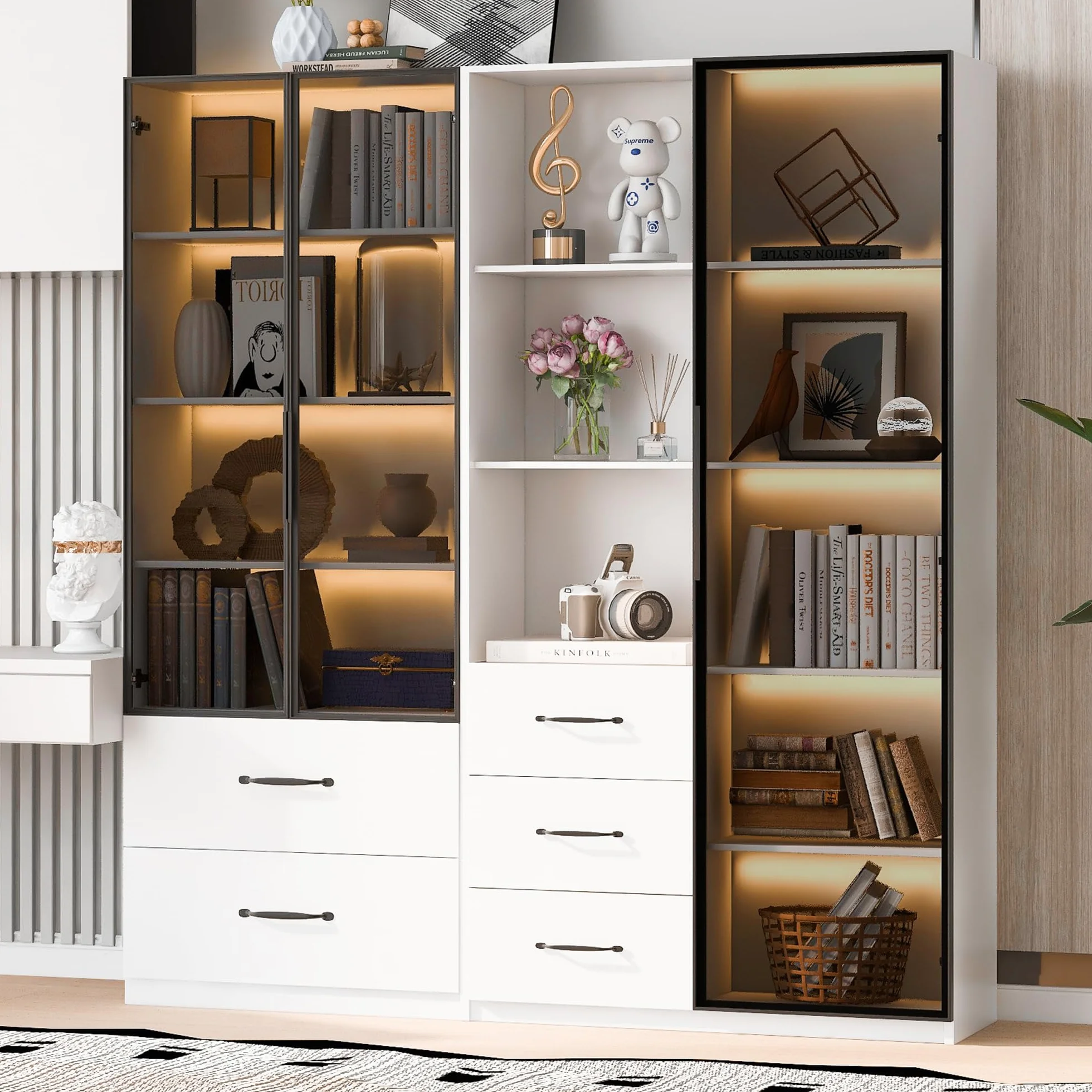 Witryna LED 140 x 40 x 160 cm – regał na książki i szafka wielofunkcyjna ze szklanymi i otwartymi przegródkami, delikatnie zamykające się zawiasy, wielokolorowe oświetlenie LED, pyłoszczelna szklana
