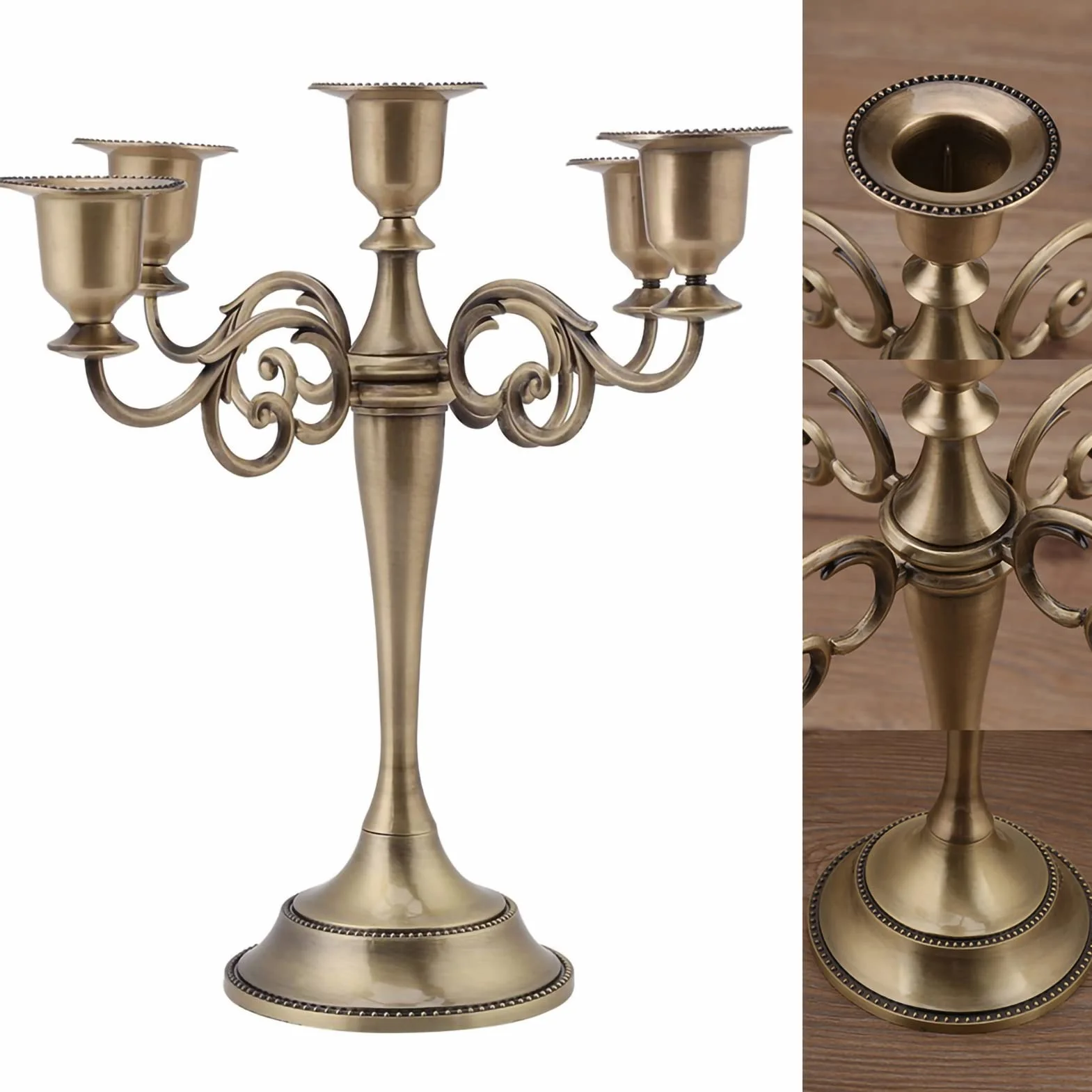 Wakects świecznik 5 ramion metalowy świecznik styl europejski świecznik dekoracyjny styl vintage na kolację świeca, ślub, imprezy, Boże Narodzenie 27 x 26 cm(Brąz)