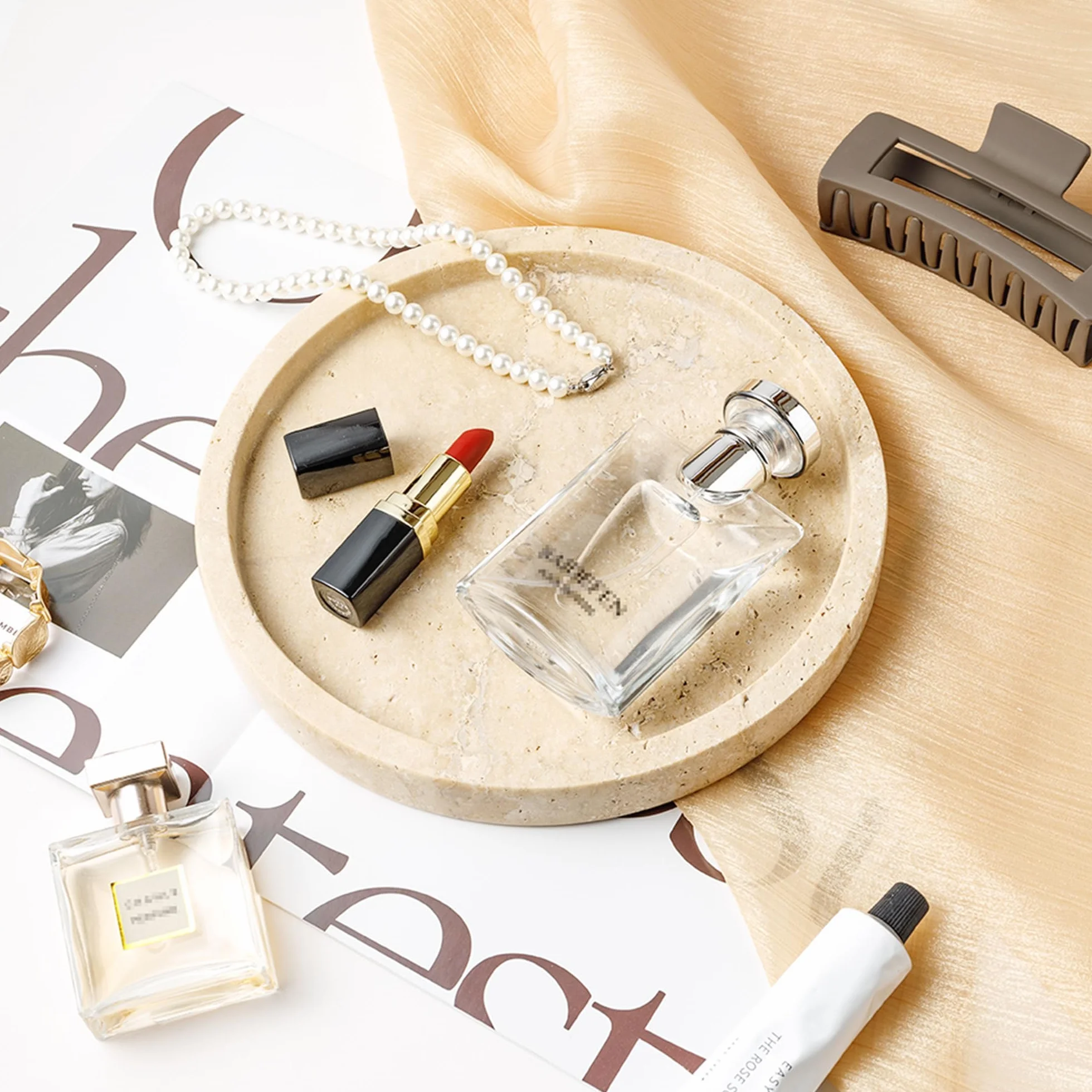 Stół do makijażu z naturalnego marmuru do łazienki, z kamienia trawertynowego na biżuterię, perfumy, kosmetyki, świece, organizer na blat jako dekoracja domu, Beżowy DE-019