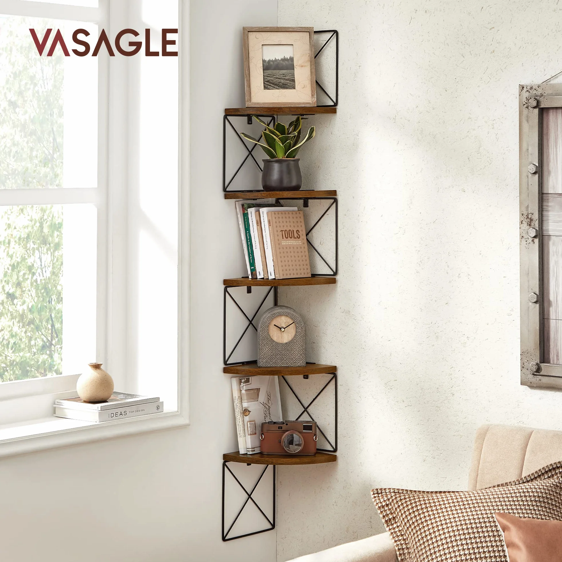 VASAGLE Półka narożna, regał w kształcie zygzaka, 5 poziomów, 20 x 20 x 127,5 cm, do sypialni, gabinetu, salonu, Vintage brązowo-czarny LLS851B01