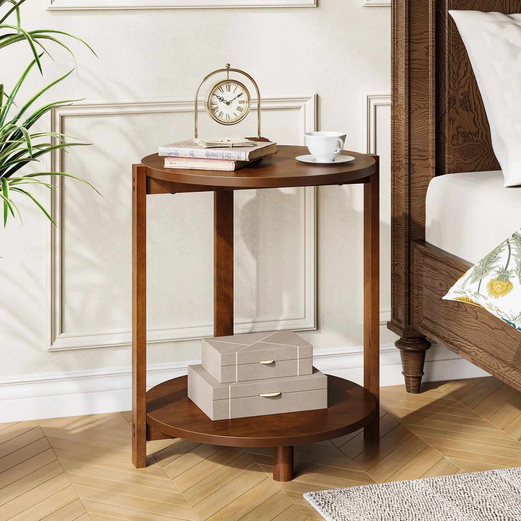 Stolik pomocniczy z litego drewna do salonu, mały okrągły stolik pomocniczy z 2 półkami, średnica 48 cm, drewniany stolik nocny w stylu retro, mebel akcentujący do małych pomieszczeń, sypialni