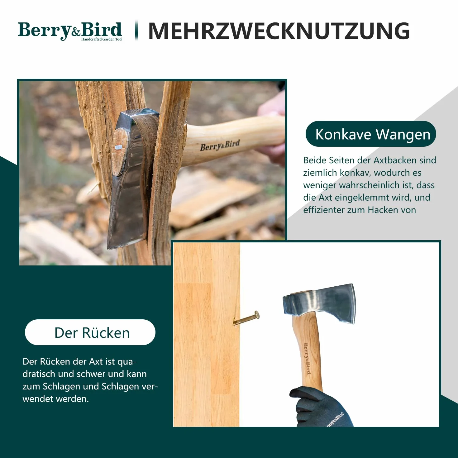 Berry & Bird siekiera drewniany uchwyt, 31,8 cm, ze skórzaną pochwą, mała siekiera rozłupująca, ostrze ze stali węglowej, narzędzie survivalowe