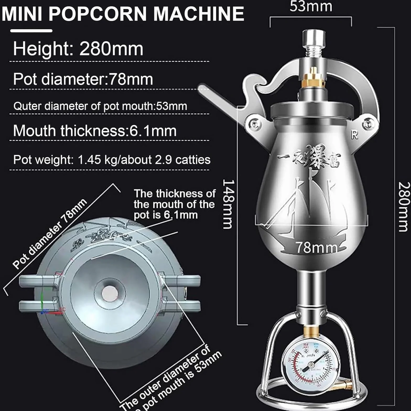Przenośna maszyna do popcornu, wysokociśnieniowe maszyny do popcornu, chińska maszyna do robienia popcornu na gorące powietrze, mini garnek do popcornu ze stali nierdzewnej, staromodne działo do