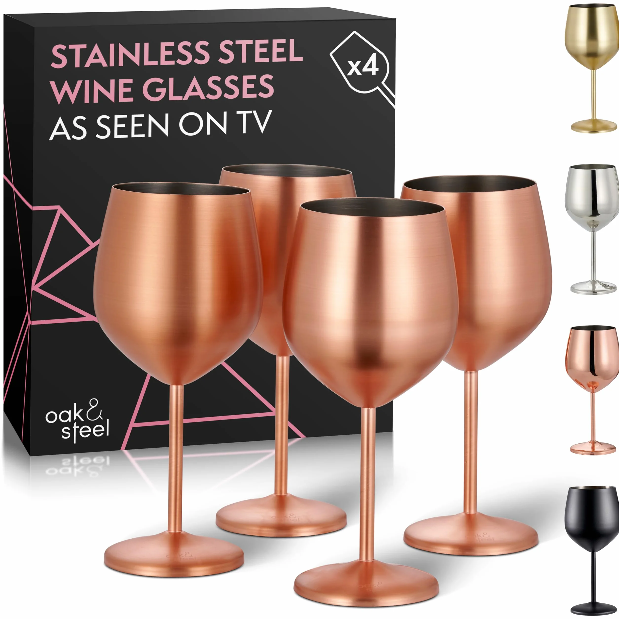 Oak & Steel - 4 Kieliszki do Wina ze Stali Nierdzewnej z Pudełkiem na Prezenty, Matowe Różowe Złoto 540ml - Eleganckie, Wytrzymałe i Nietłukące - Zestaw Upominkowy na Specjalne Okazje