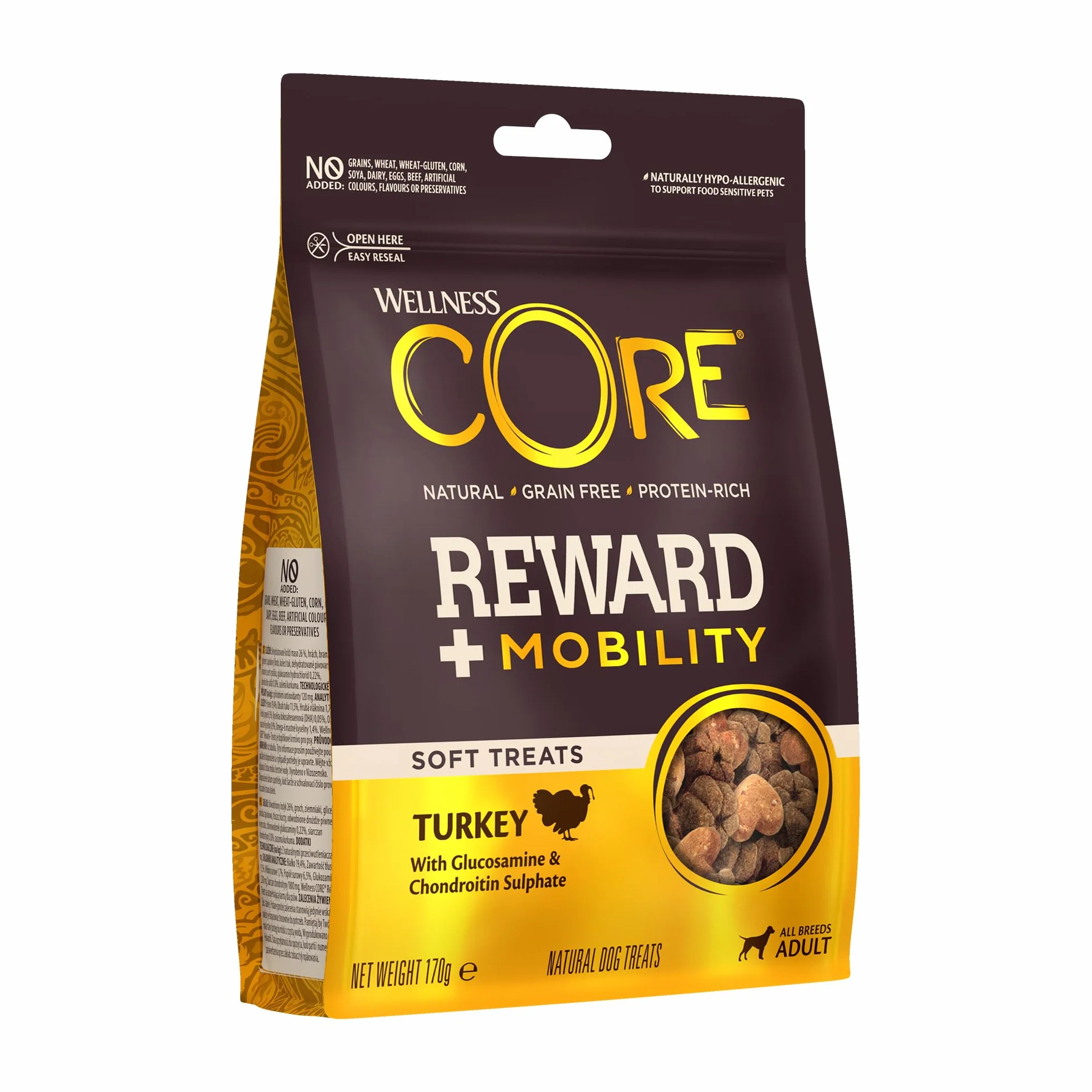 Wellness CORE Reward+ Mobilność 170g, Indyk – Miękkie Przysmaki dla Psów Wszystkich Ras, Bezzbożowe, Naturalne, Hipoalergiczne, o Wysokiej Zawartości Mięsa, Wspiera Zdrowie Bioder i Stawów