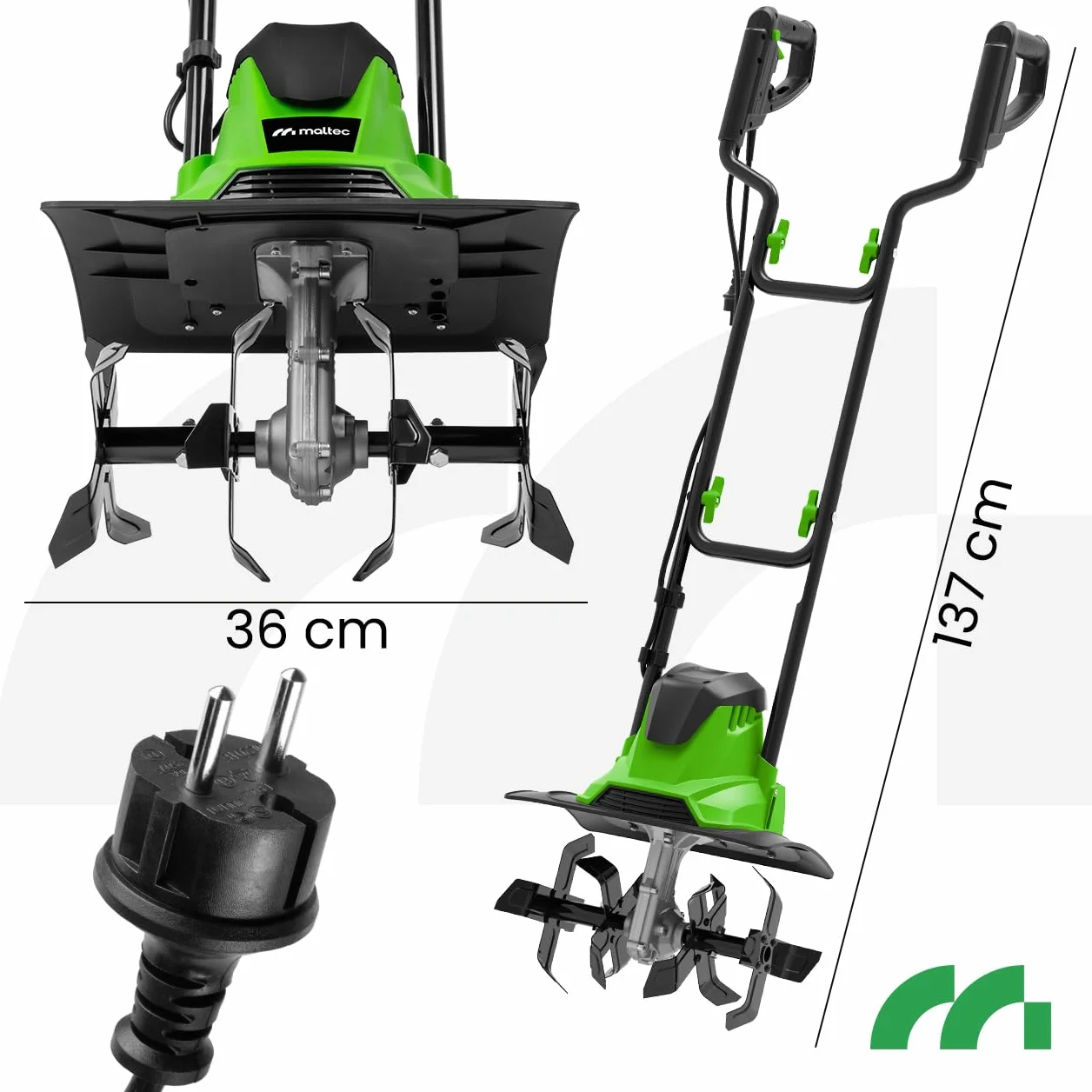 MalTec MasterTill elektryczna glebogryzarka ogrodowa glebogryzarka, szerokość robocza 36 cm, głębokość robocza 22 cm, kultywator, 4 noże do siekania