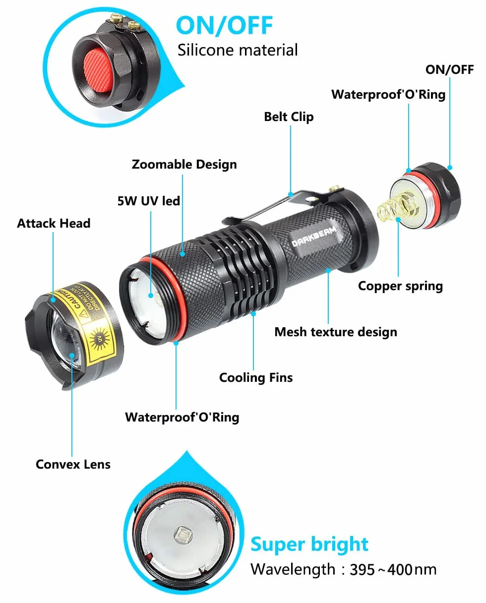 DARKBEAM Latarka UV 395nm Czarnym Światłem Przenośna LED Detektor Plam Zwierząt