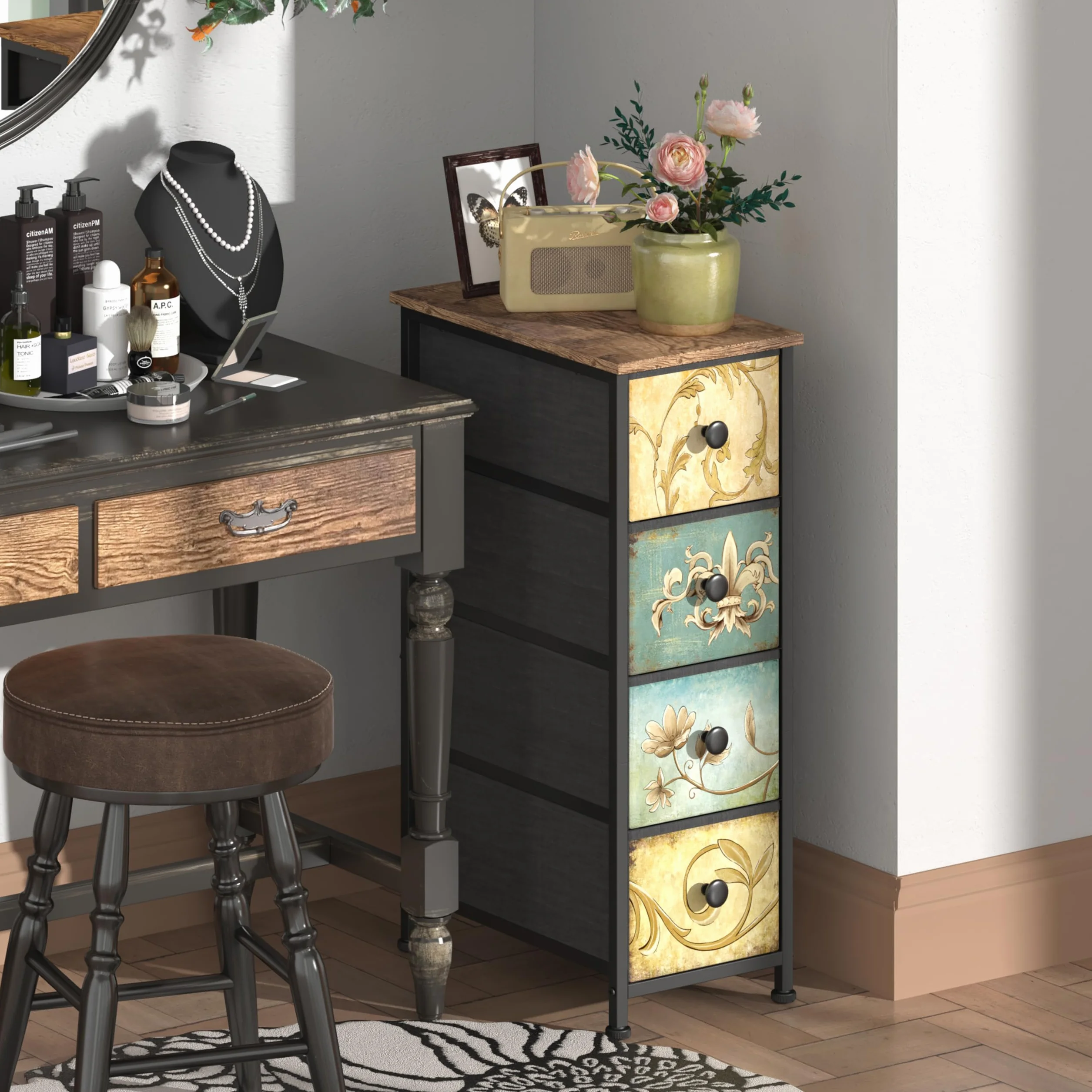 VEDECASA Wąska komoda z 4 szufladami z materiału, toaletka boho, szafka z szufladami, do sypialni, salonu, korytarza, wykonana z metalowej ramy, materiału drewnopochodnego, vintage