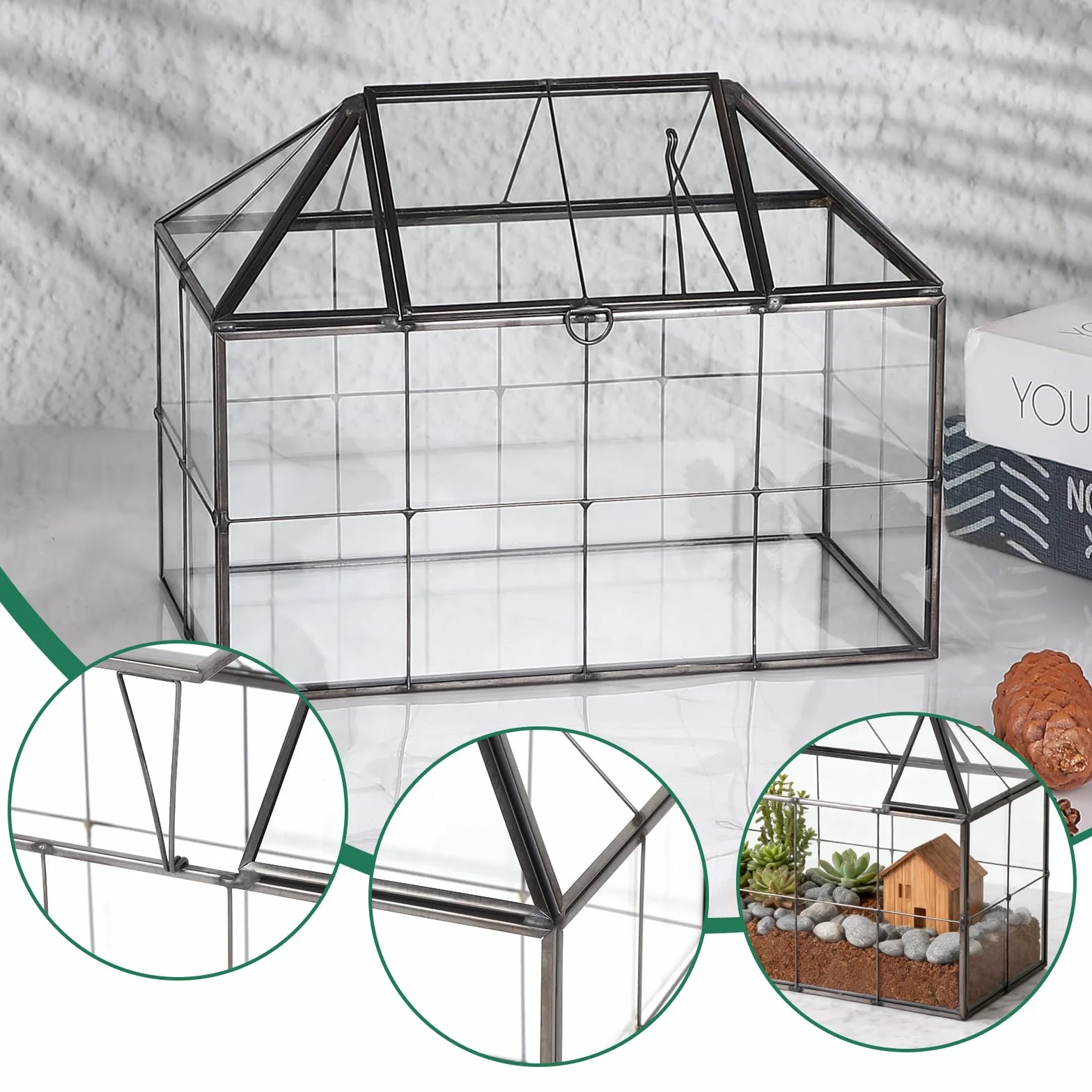 EFUTURETIME Mini szklarnia, parapet okienny, szklany 23,3 x 13,6 x 18 cm, do roślin, terrarium, mały ogród butelkowy, "zrób to sam" (nie zawiera roślin) na sukulenty, kaktusy