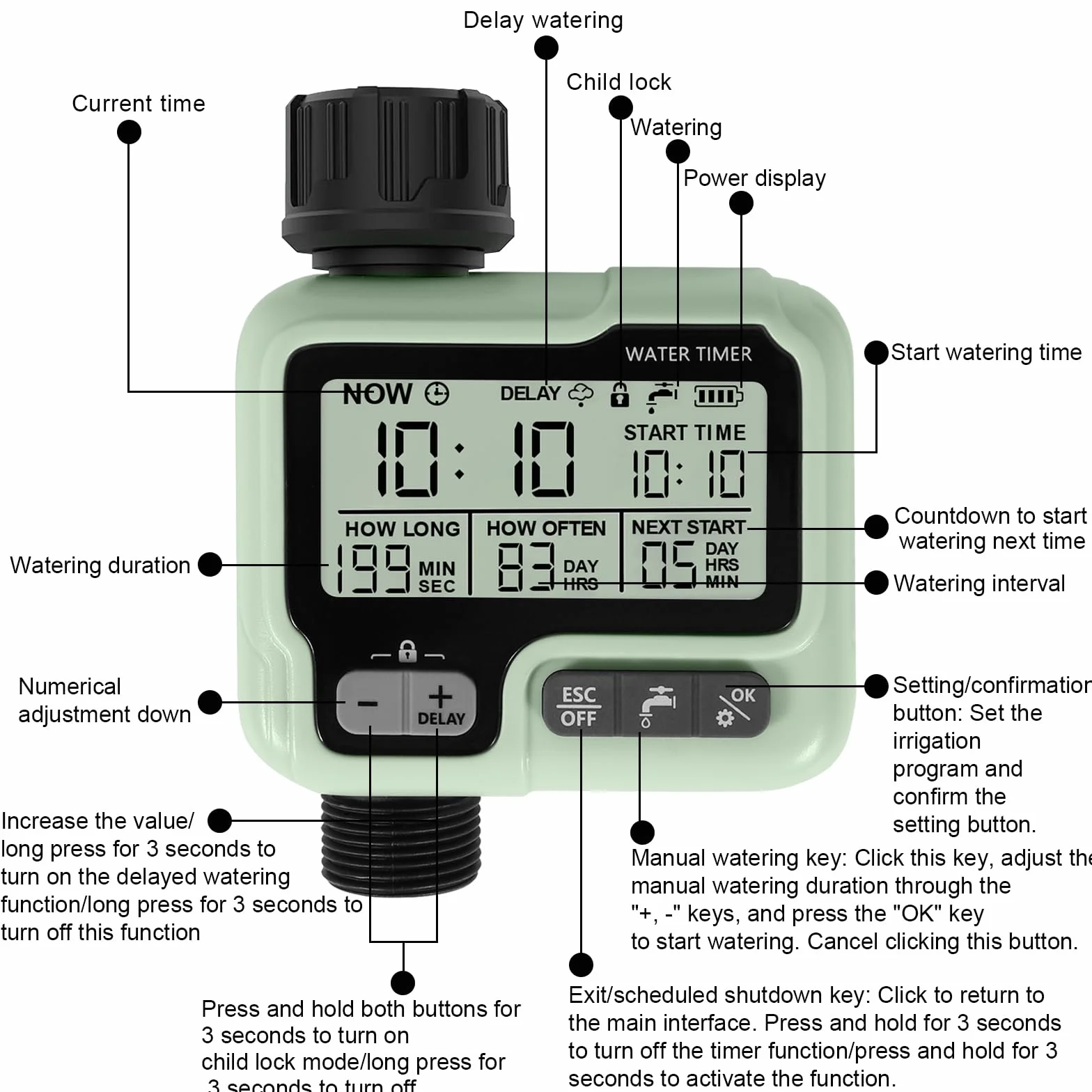 Automatyczny regulator nawadniania, timer nawadniania ogrodu z wyświetlaczem LCD, kran, timer podłączania, tryb zabezpieczenia przed dziećmi, opóźnione nawadnianie po deszczu, wodoszczelność