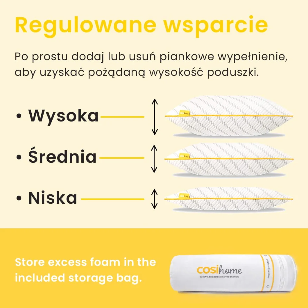 Cosi Home® Ergonomiczna Poduszka Chłodząca z Pianki Pamięci, Zapamiętująca Kształt, Z Bambusową Poszewką, Wypełnione Żelem Chłodzącym, Regulowana Wysokość, 2 szt w Zestawie