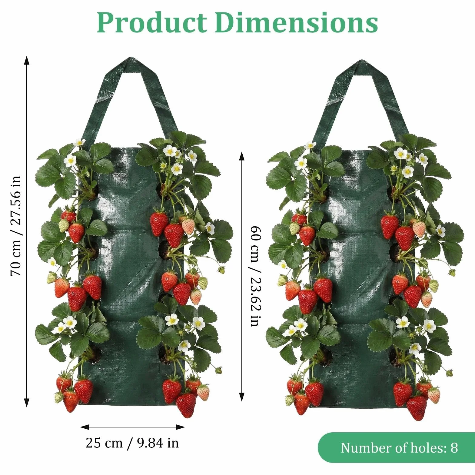 Wiszące Worki na Rośliny, 2 Sztuki z 8 Otworami, Wieża Truskawkowa do Użytku na Zewnątrz, do Truskawek, Pomidorów, Ziół, Warzyw, 70 × 60 × 25 cm