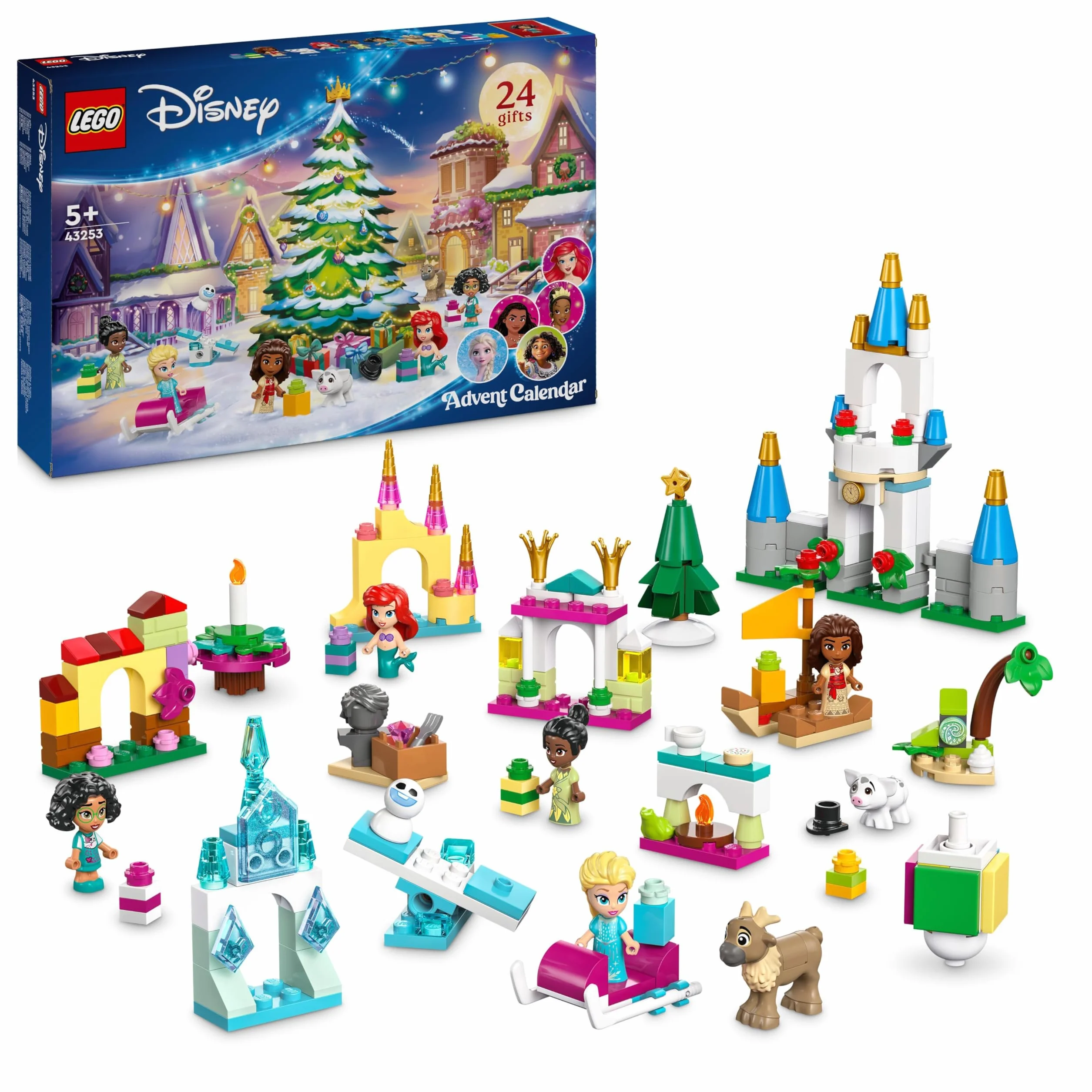 LEGO │ Disney Princess Kalendarz adwentowy na 2024 rok, Zabawka dla Dziecka do Zbudowania z 5 Mikrolaleczkami, Pomysł na Prezent dla 5-latki, dla Dziewczynki, na Mikołajki i na Święta, 43253