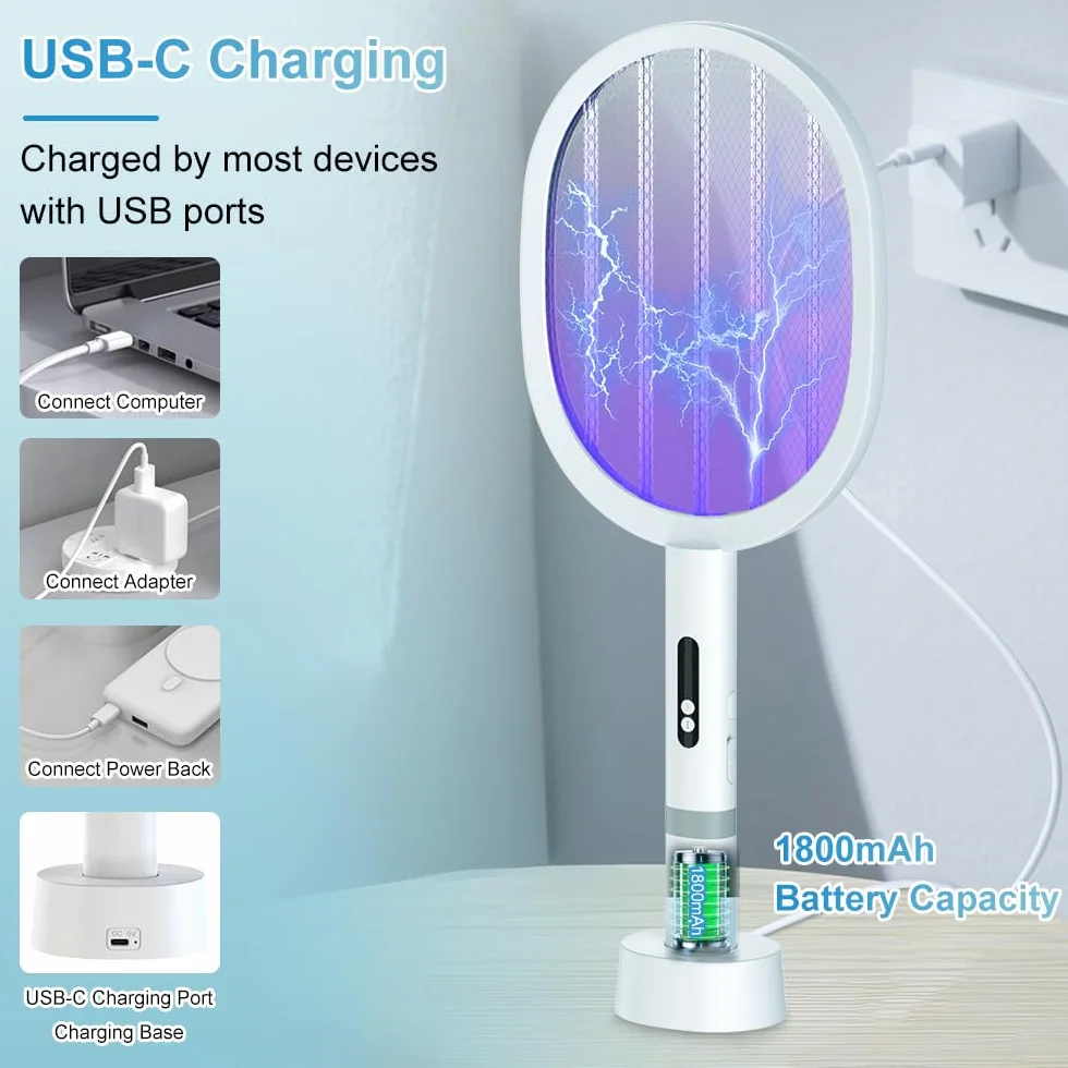 DANGZW Elektryczna łapka na muchy: 4800 V elektryczna łapka na muchy UV z podstawą ładującą – 1800 mAh USB C ładowana elektryczna łapka na muchy – przenośna, elektryczna łapka na komary do wewnątrz i