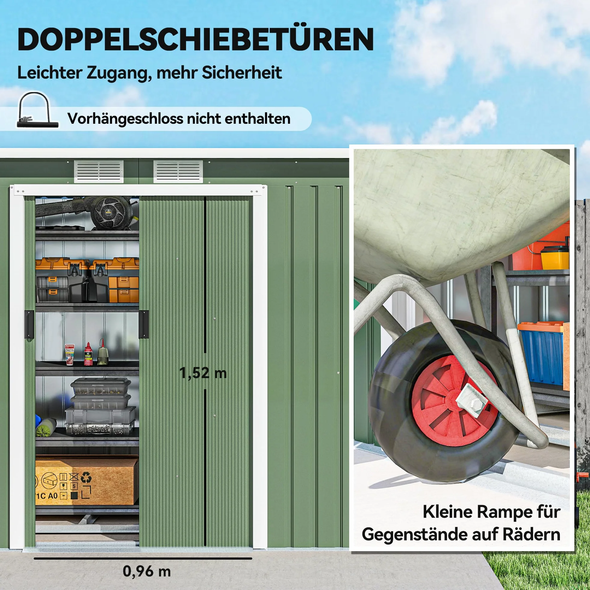 Outsunny Domek narzędziowy, Domek ogrodowy, Szopa na narzędzia z drzwiami przesuwnymi, okienka wentylacyjne, dach jednospadowy, zewnętrzny, stalowy, jasnozielony, 280 x 130 x 172 cm