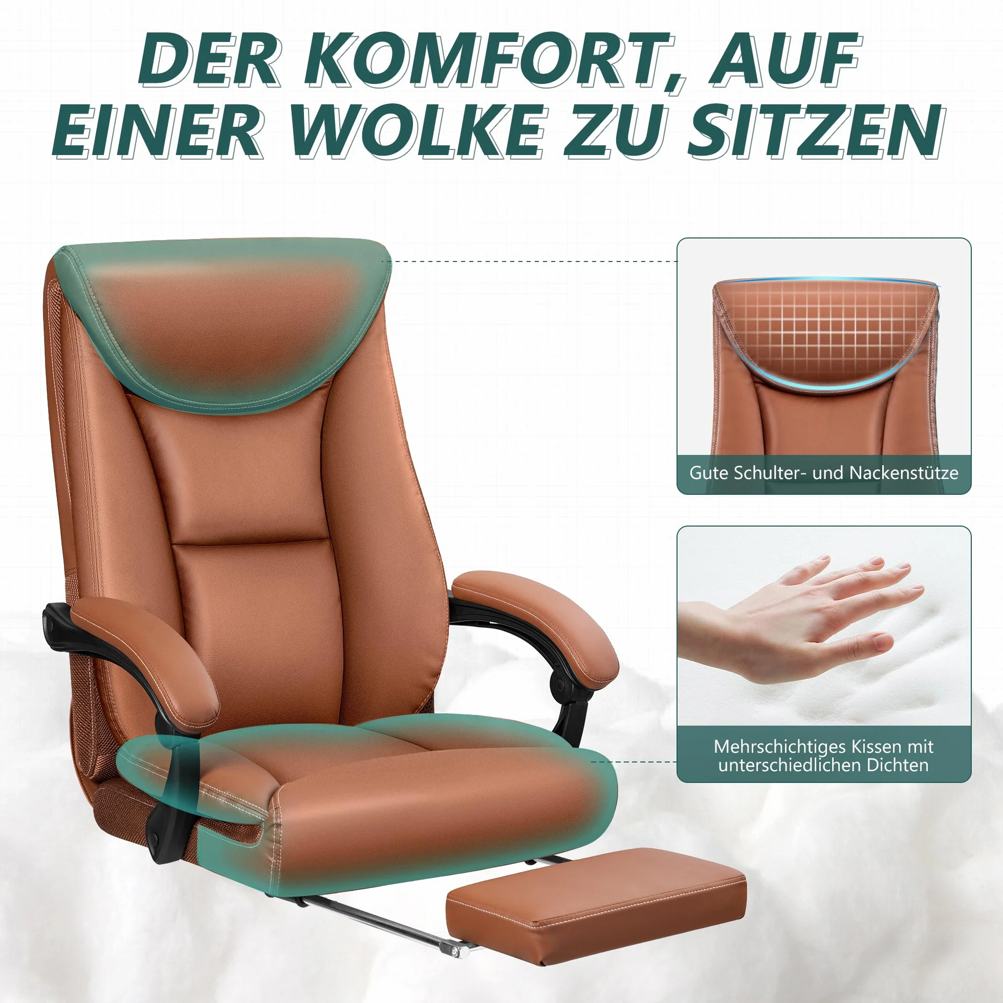 Fotel szefa, szerokie krzesło biurowe, ergonomiczne, wysokie oparcie, 150 kg, z podnóżkiem, ze skóry PU, brązowy