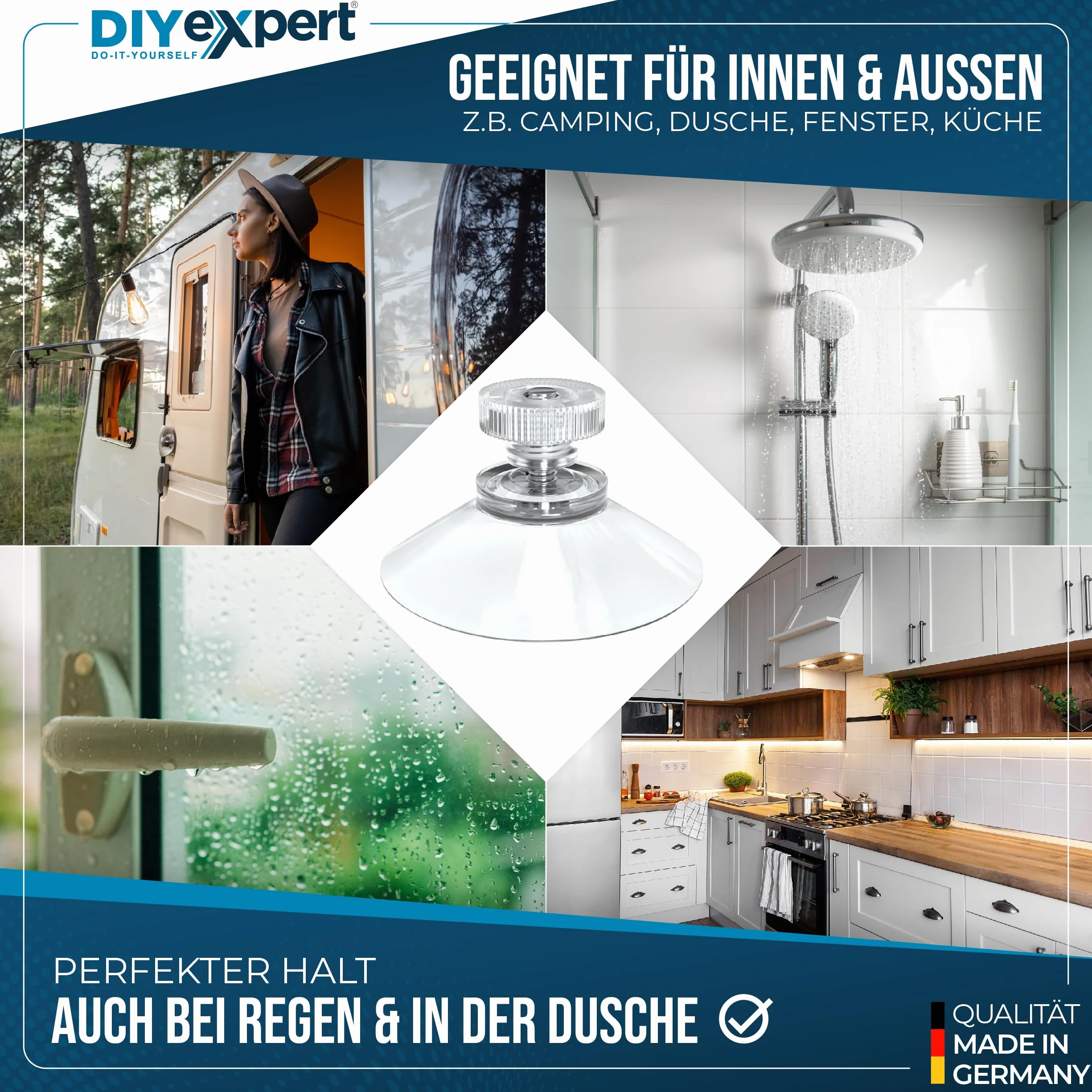DIYexpert® 4 x przyssawka Ø 40 mm, z gwintem M4 x 10 mm, w zestawie nakrętki radełkowane przezroczyste - wyprodukowano w Niemczech