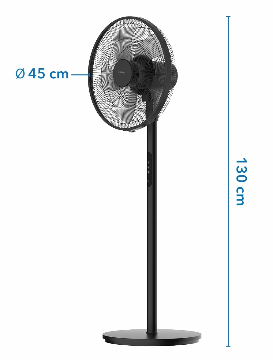 EBERG HYG wentylator stojący 45 cm, pilot, timer 9 h, oscylacja 65°, 4 prędkości i tryb naturalny, regulowana wysokość 70–130 cm, czarny mat
