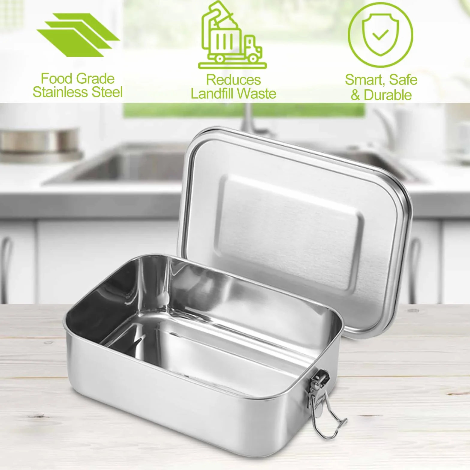 Metalowe pudełko na lunch – 550 ml pudełko na lunch ze stali nierdzewnej dla dzieci i dorosłych, zaprojektowane zatrzaskowe klamry i silikonowe pierścienie wewnętrzne pokrywki, nadaje się do