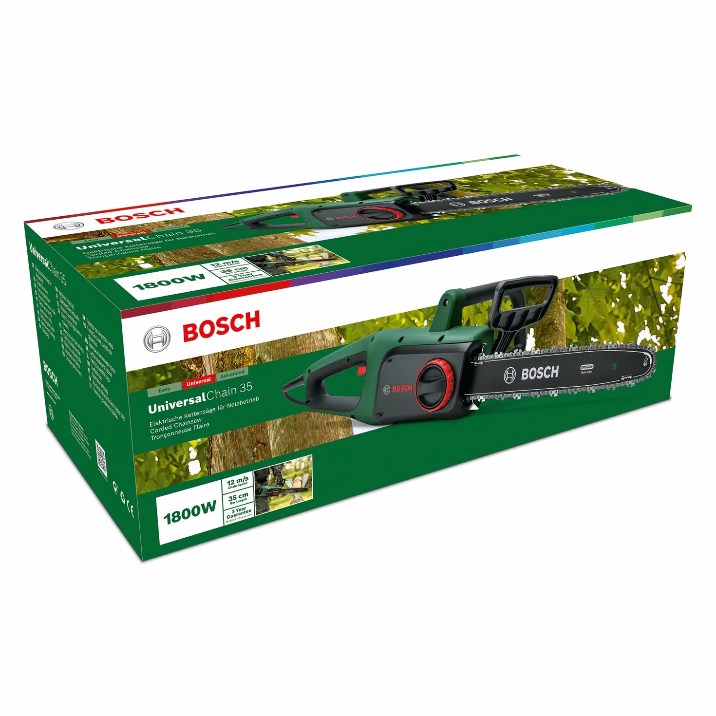 Bosch Home and Garden Piła łańcuchowa UniversalChain 35 (1 800 W, niewielka waga: 4,2 kg, prędkość łańcucha: 12m/s, opakowanie kartonowe), Zielona