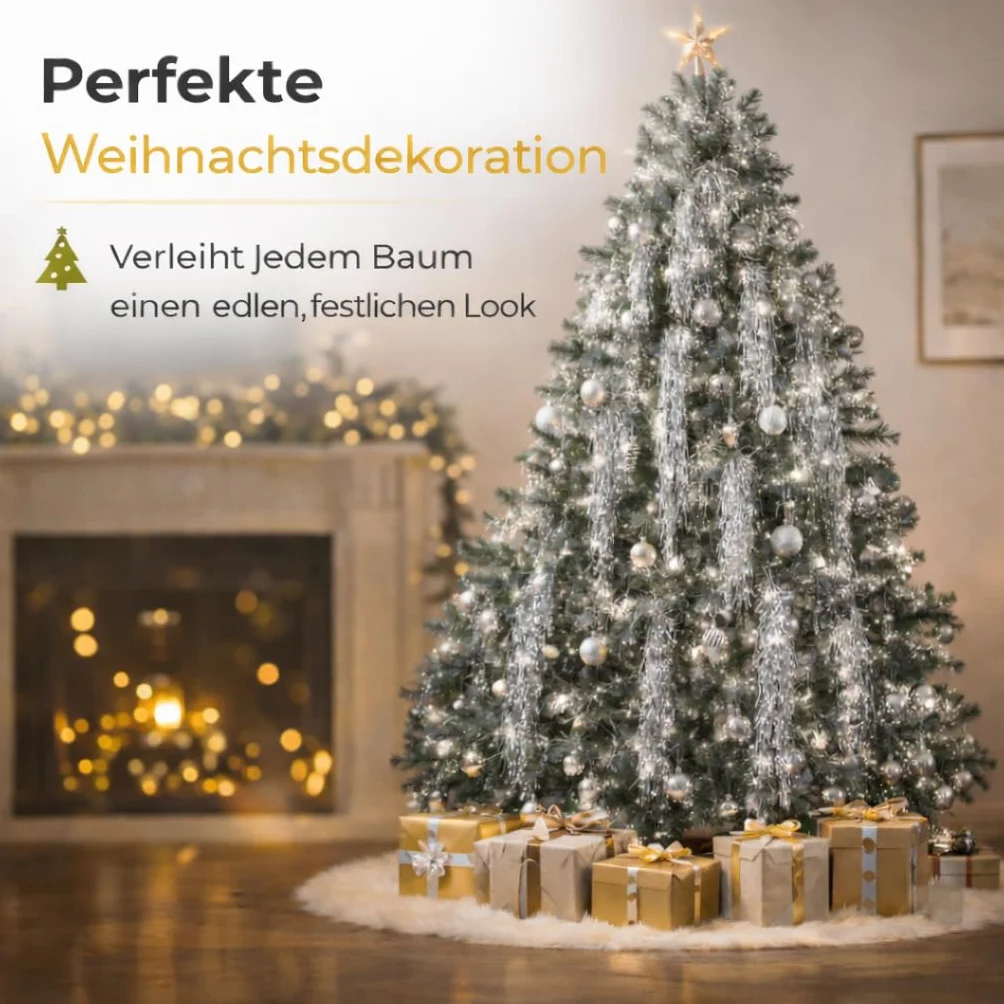 MERRYXMAS Lametta na Adwent i Boże Narodzenie jako dekoracja i ozdoba choinki i świętopietrza (srebrna)