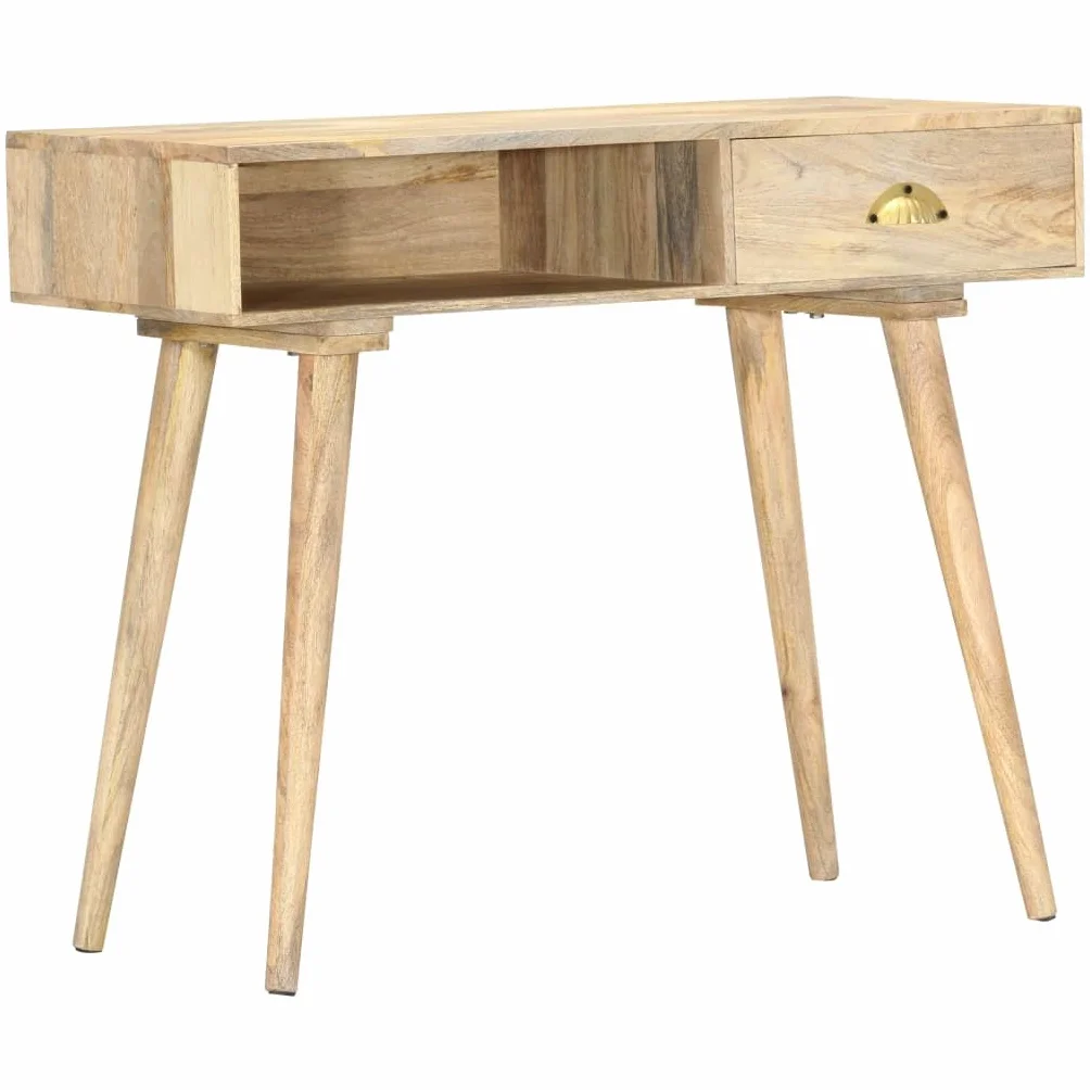 Stolik konsolowy z litego drewna mango, 90 x 45 x 75 cm, z szufladą i otwartą półką, zajmuje mało miejsca jako stolik pomocniczy, stolik do odkładania do salonu, korytarza, biura, z