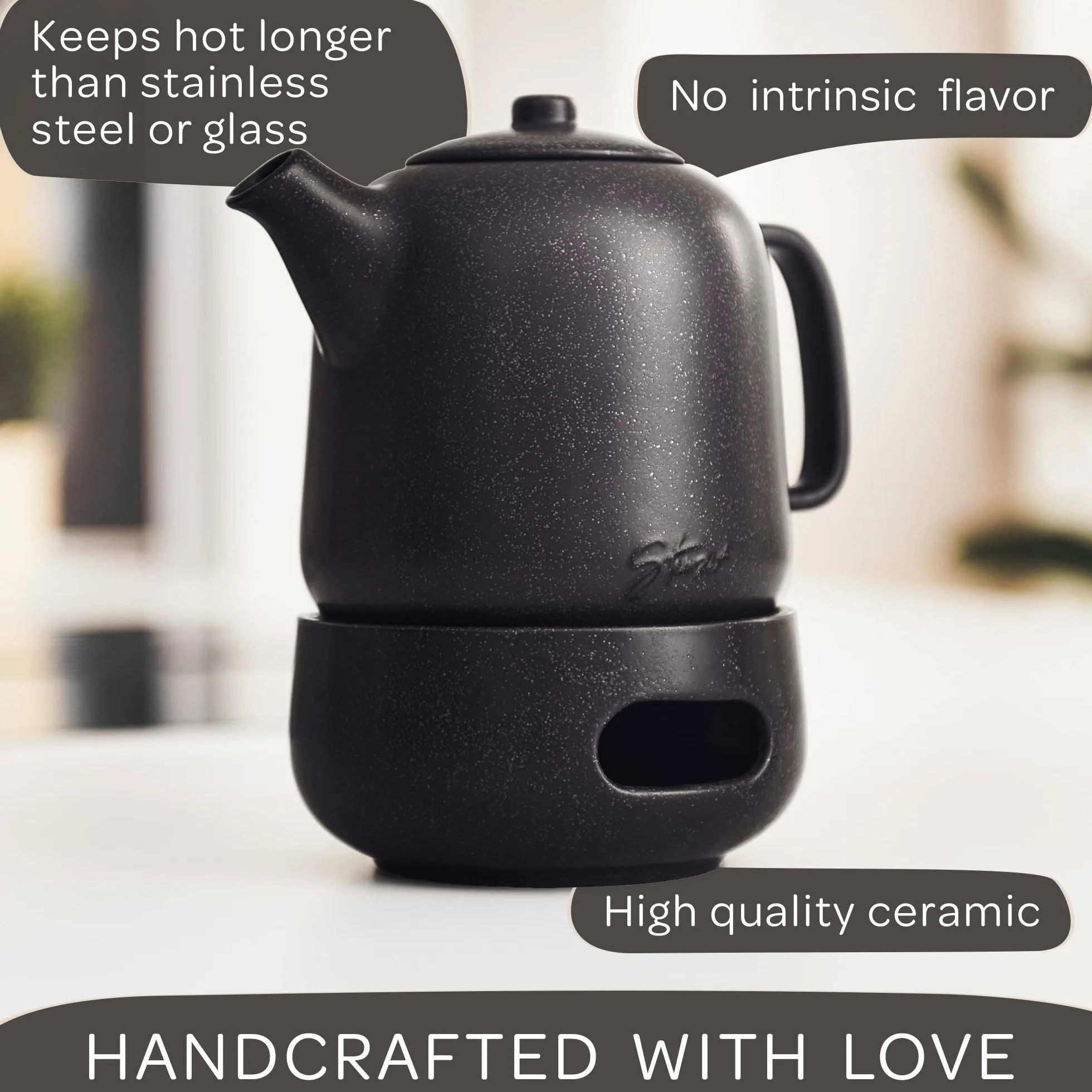 STEINZEIT Designerski dzbanek do herbaty z podgrzewaczem (1,3 l) – z sitkiem ze stali nierdzewnej 304 – ceramiczny z unikalną glazurą wyjmowany z sitkiem, czarny