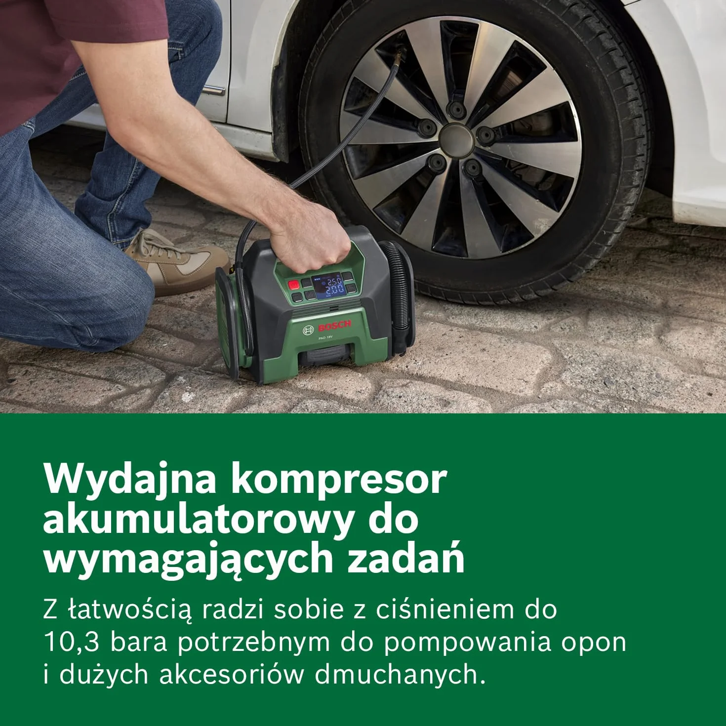 Bosch Pompka akumulatorowa PAO 18V (od opon do dużych akcesoriów dmuchanych, zawór zaciskowy do opon samochodowych, zawór Presta, igła do pompowania piłek, adapter do szybkiego pompowania)
