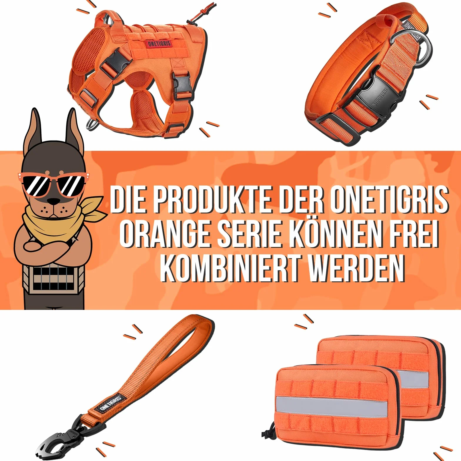 OneTigris Uprząż dla małych psów, FIRE Watcher, uprząż taktyczna z uchwytami i pierścieniem D, No Pull, regulowana, uprząż piersiowa do wędrówek i treningu (XXS, pomarańczowa)
