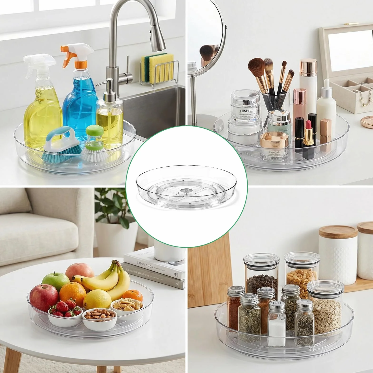 Lazy Susan organizer na talerz obrotowy, 25,4 cm, 1 sztuka, talerz obrotowy 360°, z 5 samoprzylepnymi haczykami, przezroczysty talerz obrotowy do toaletki, przypraw, łazienki